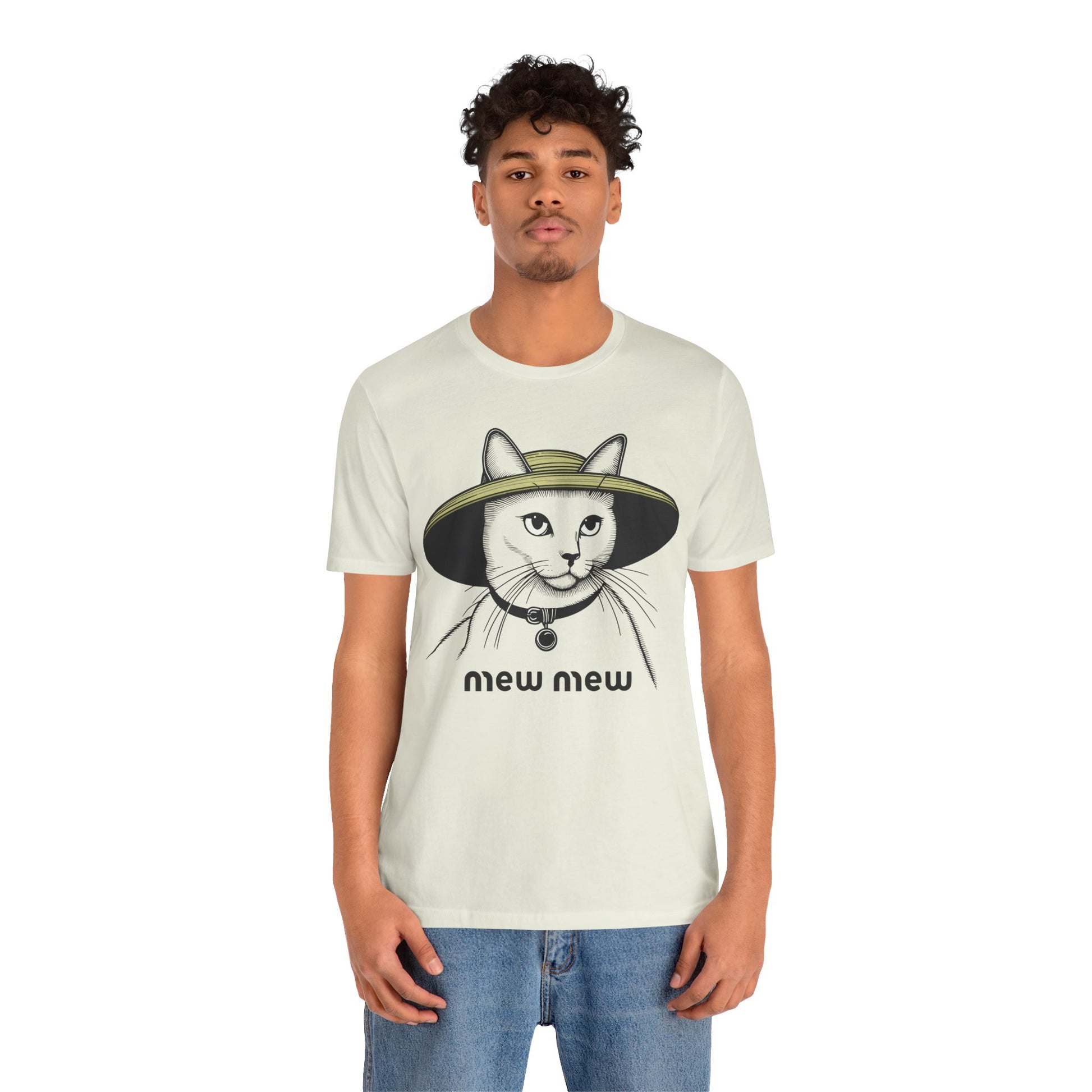 Cat shirts for guys – citron unisex tee worn by male model, Mew Mew cat in hat graphic