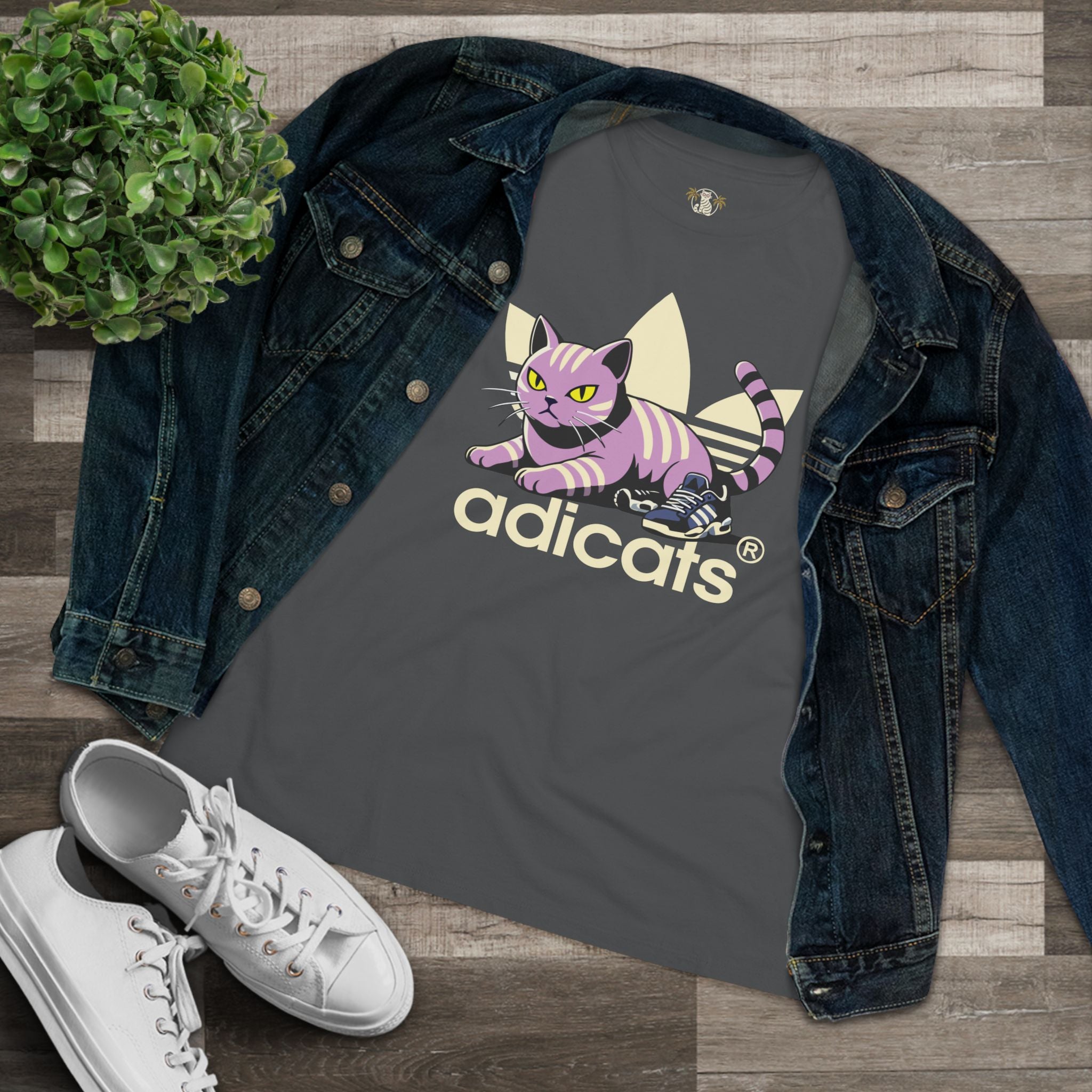 Asphalt gray parody t shirts lifestyle flat lay with denim jacket