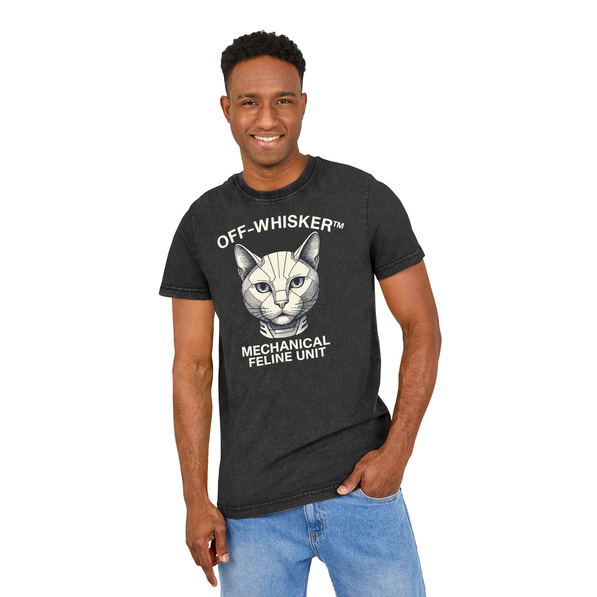 Model wearing Off-Whisker Mechanical Feline Unit Cat Graphic Acid Washed T-Shirt, black cool cat themed tee