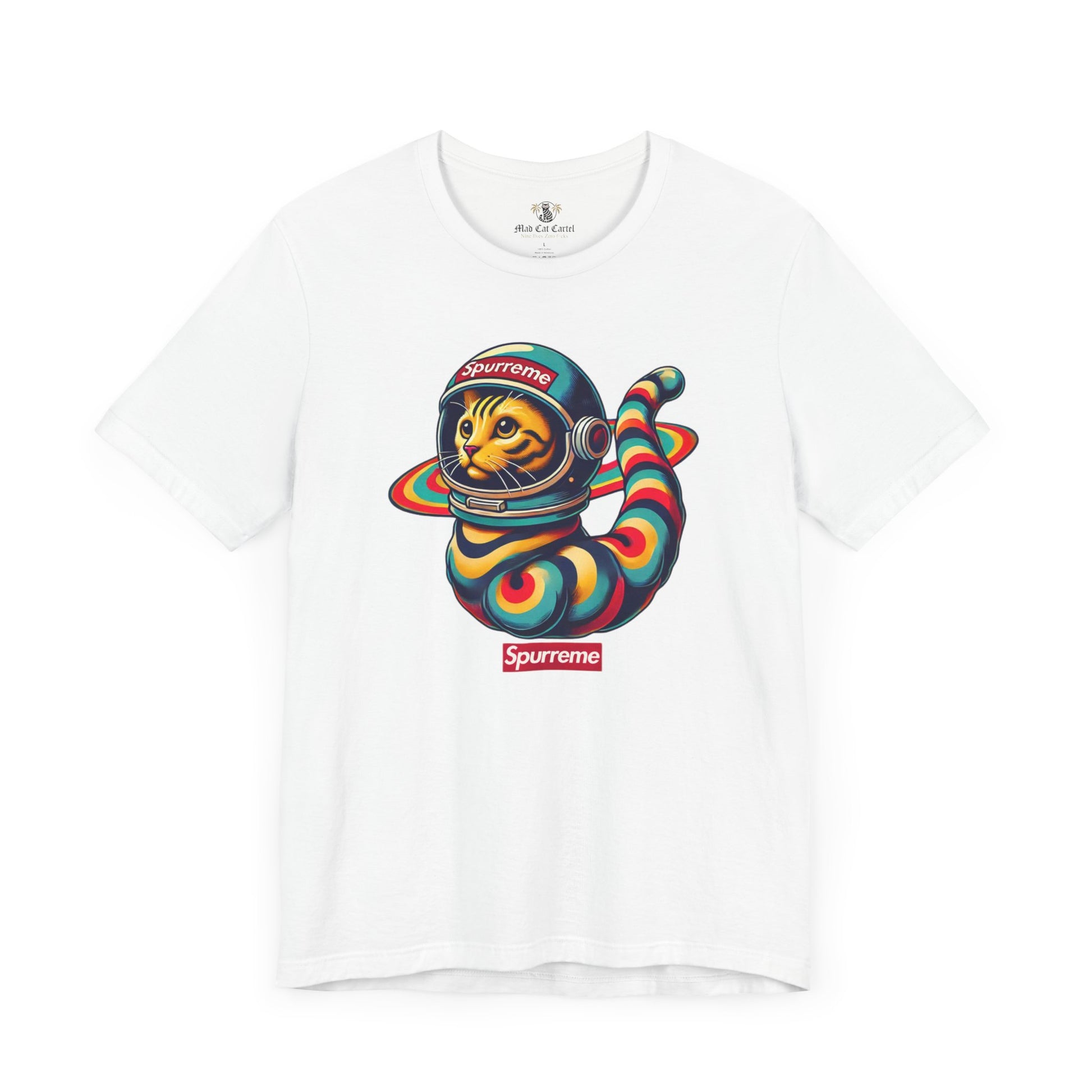 White t shirt flat lay front Spurreme Space Explorer Cat Graphic T-Shirt cat themed clothing