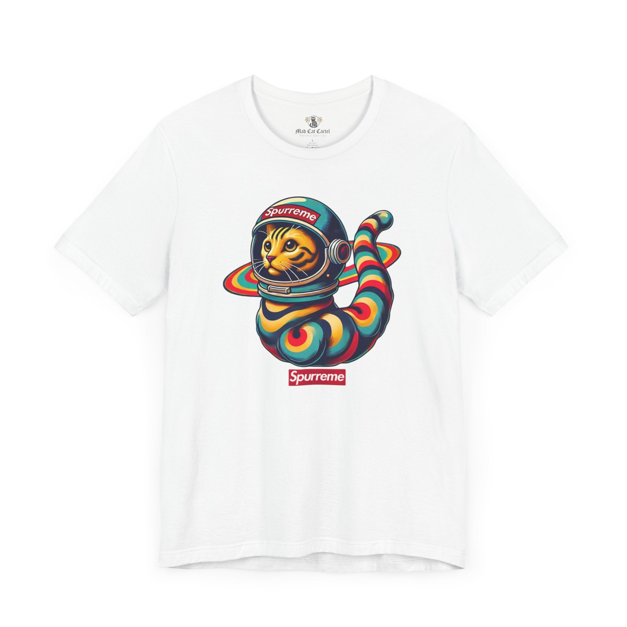 White t shirt flat lay front Spurreme Space Explorer Cat Graphic T-Shirt cat themed clothing