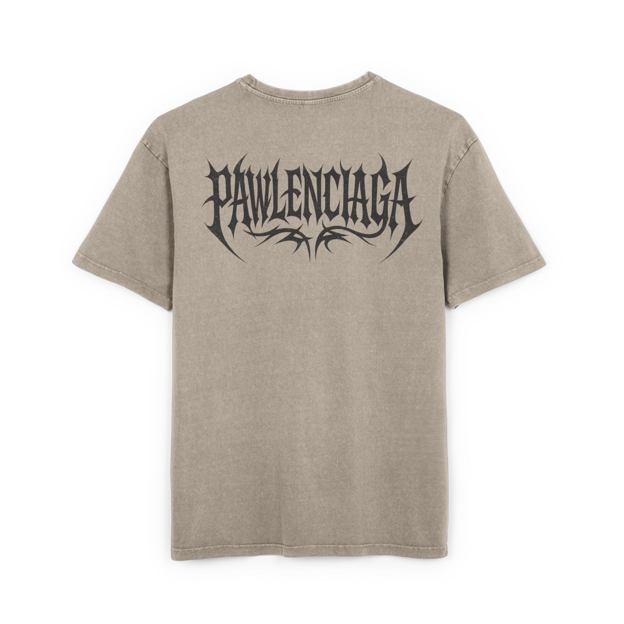 Back view — Dark Khaki: Pawlenciaga The Power of Paw Acid Washed Oversized T Shirt in Dark Khaki, back logo view