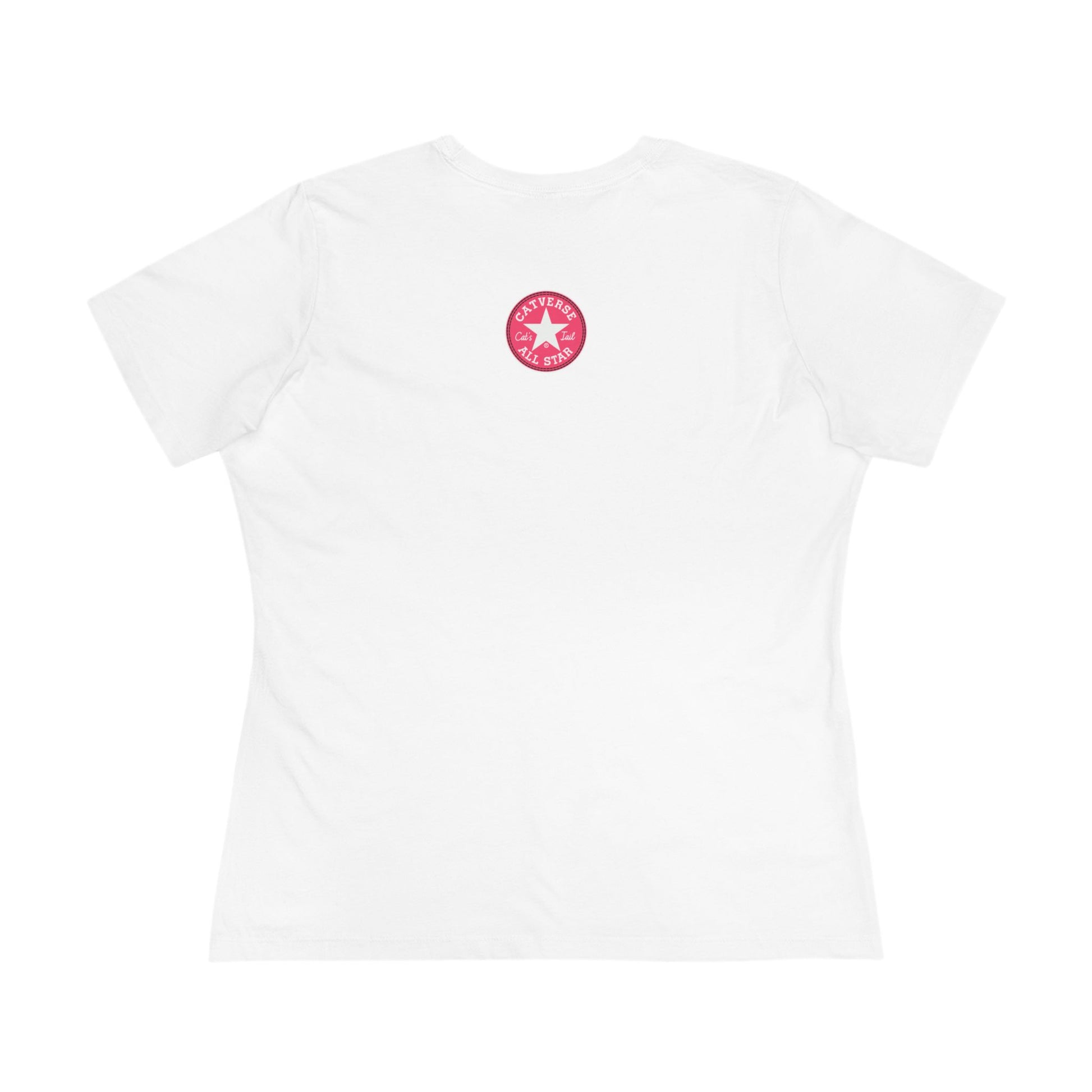 White Catverse Pinkbot tee back view with small logo, cat lover t-shirts, cat t shirts for women