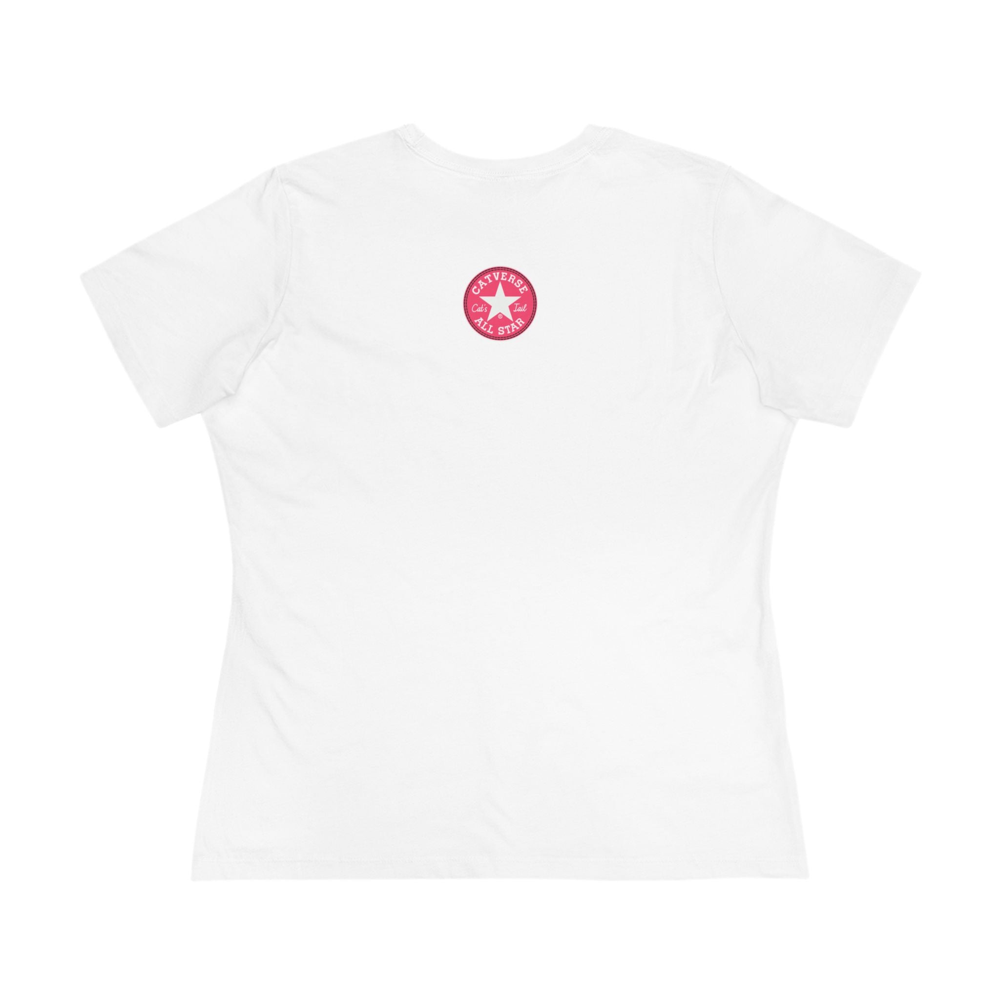 White Catverse Pinkbot tee back view with small logo, cat lover t-shirts, cat t shirts for women