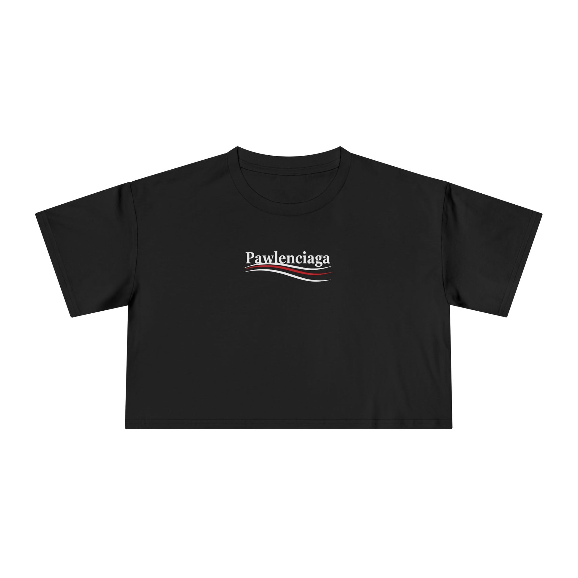 black Pawlenciaga chest logo crop top, front product view, cat themed clothes