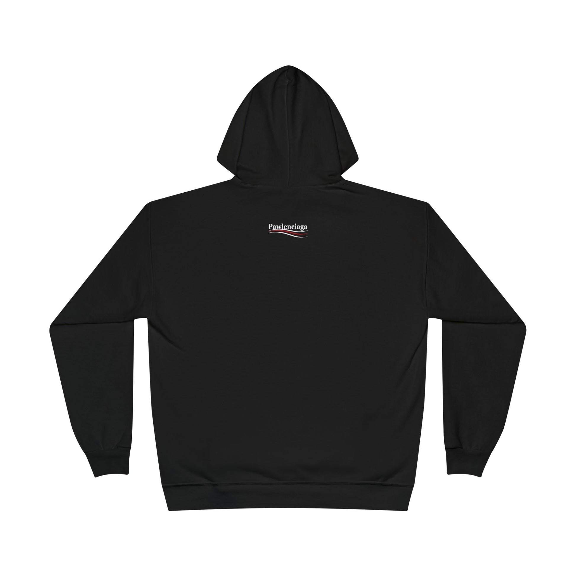 Back view of Pawlenciaga Chest Logo Black Hoodie, cat lover hoodie