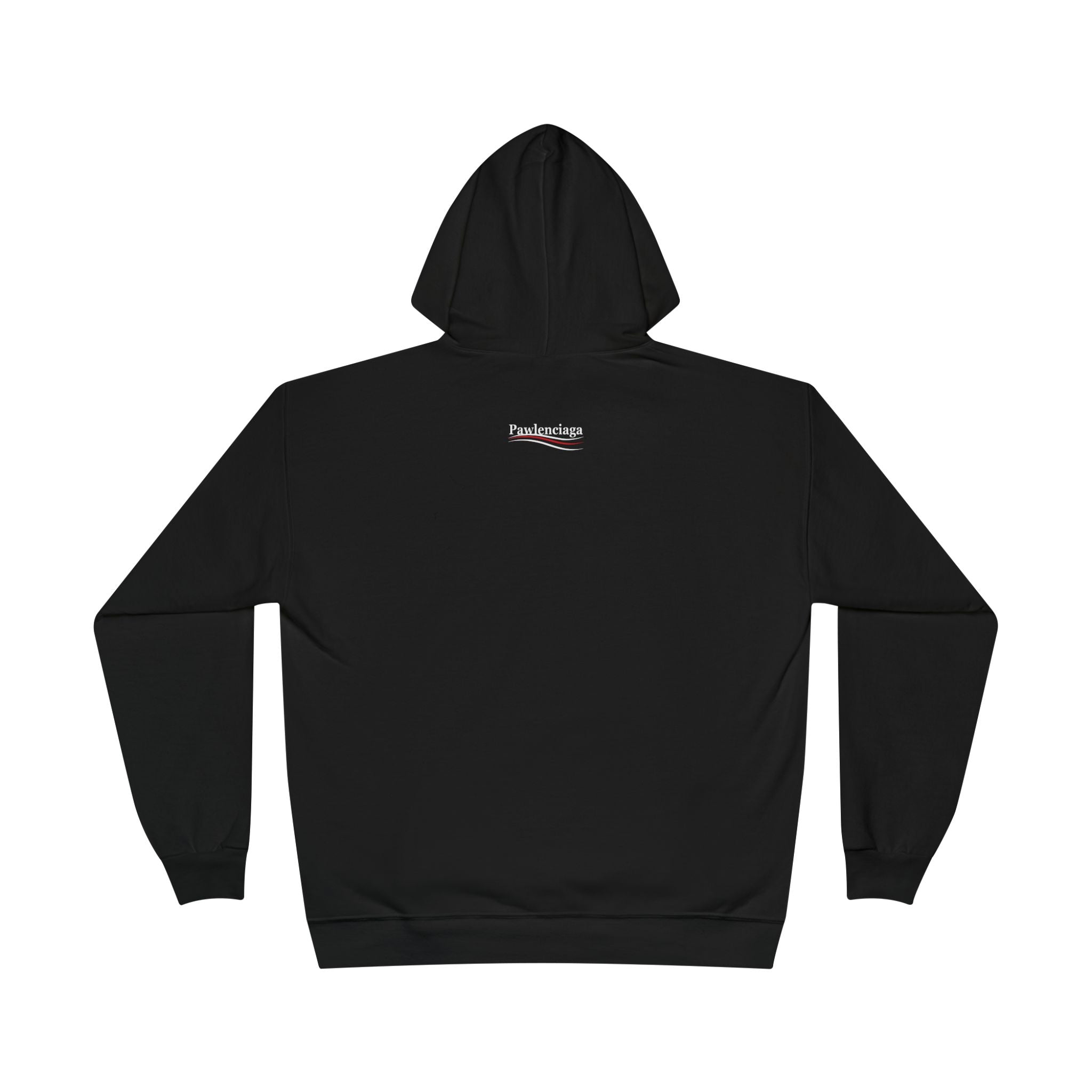 Back view of Pawlenciaga Chest Logo Black Hoodie, cat lover hoodie