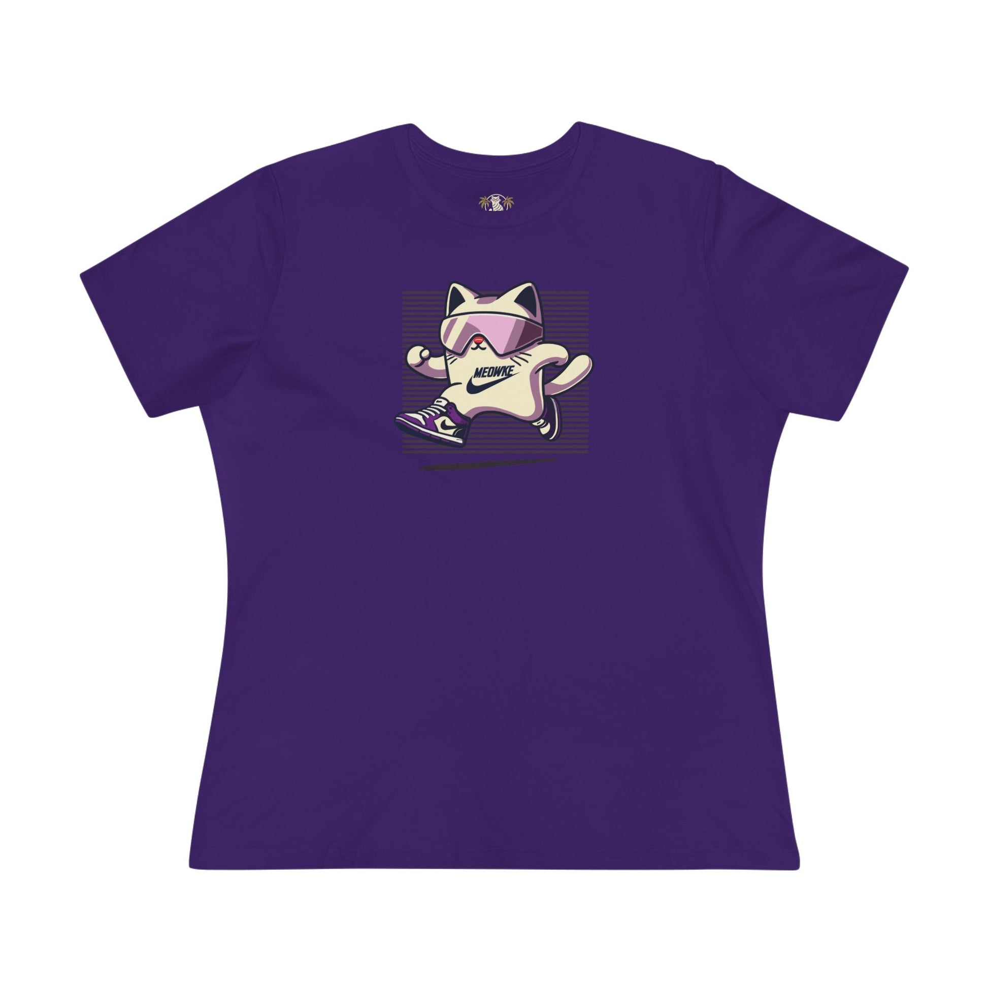 Meowke Cat Runner Graphic Women's T-Shirt, cat tee shirts womens, purple front view