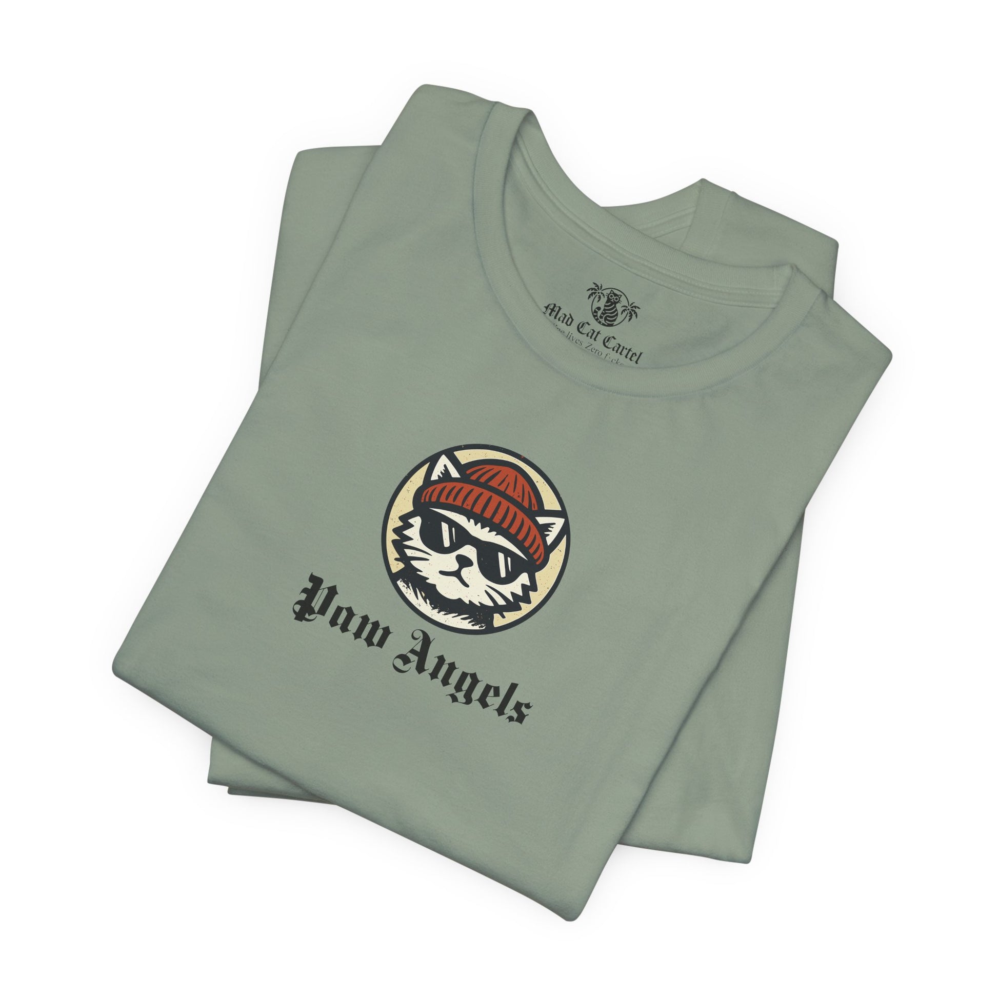 Folded sage green Paw Angels Born to Fly street angel cat t-shirt – cat lovers stuff apparel