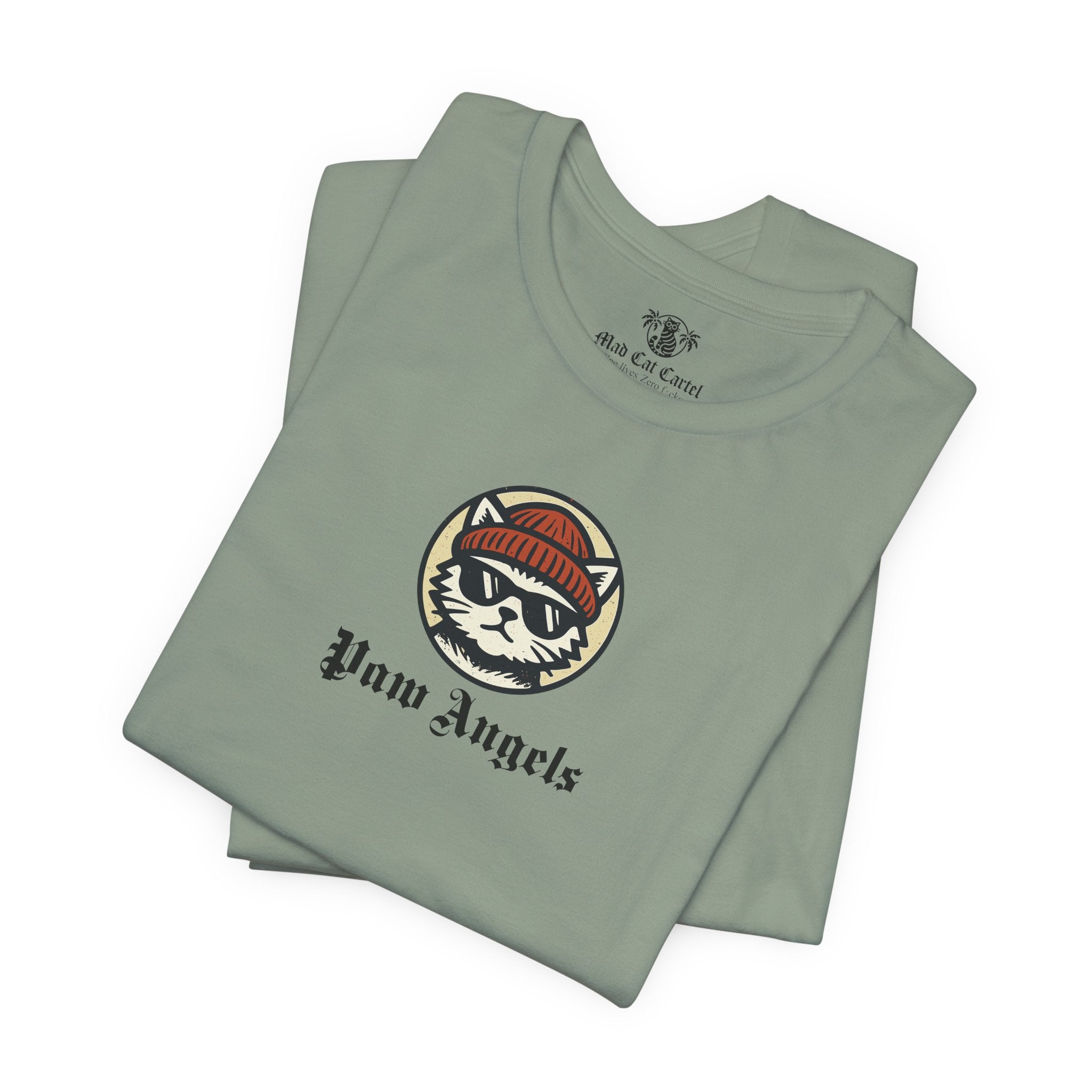 Folded sage green Paw Angels Born to Fly street angel cat t-shirt – cat lovers stuff apparel