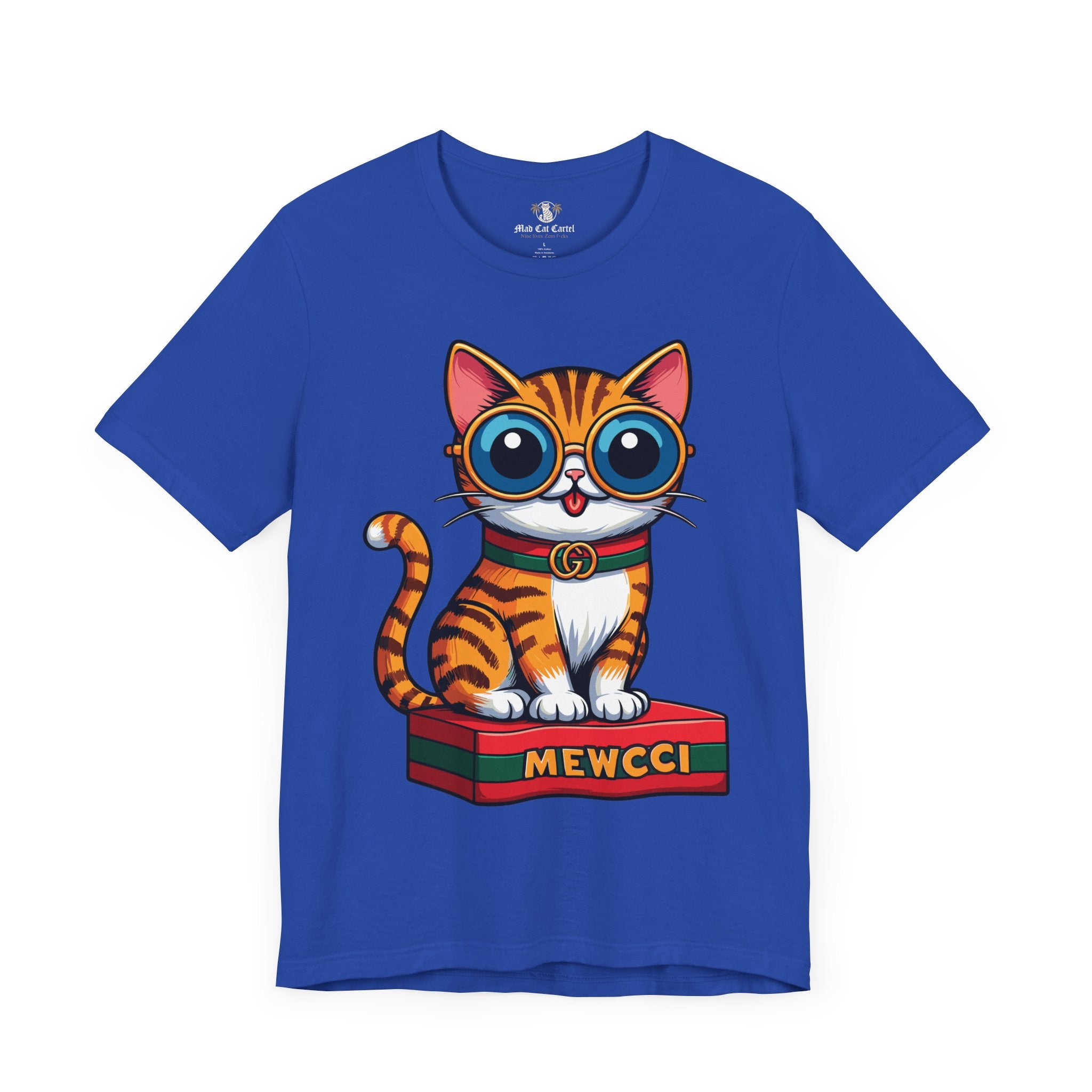 Vront view of Mewcci Iconic Box Cat Graphic T Shirt in True Royal