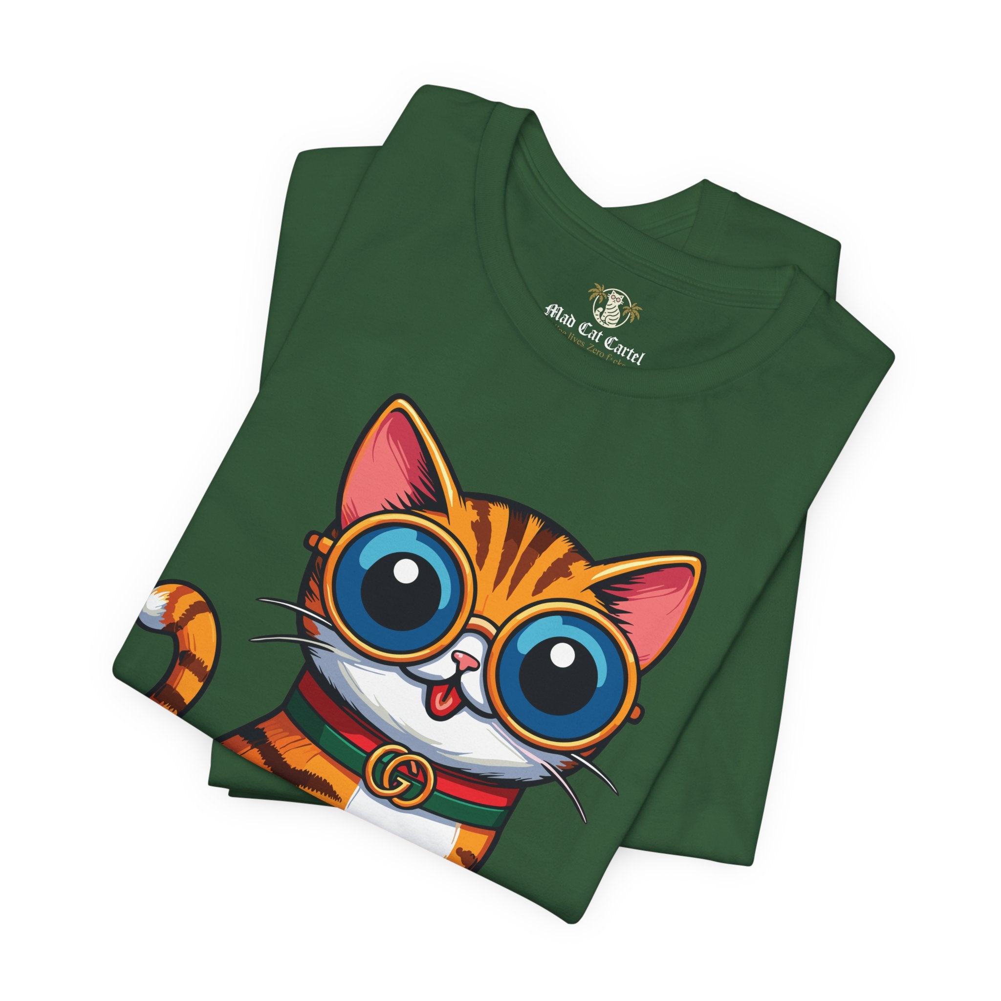 Evergreen Mewcci Iconic Box Cat Graphic T-Shirt folded – cute cat gifts for cat lovers