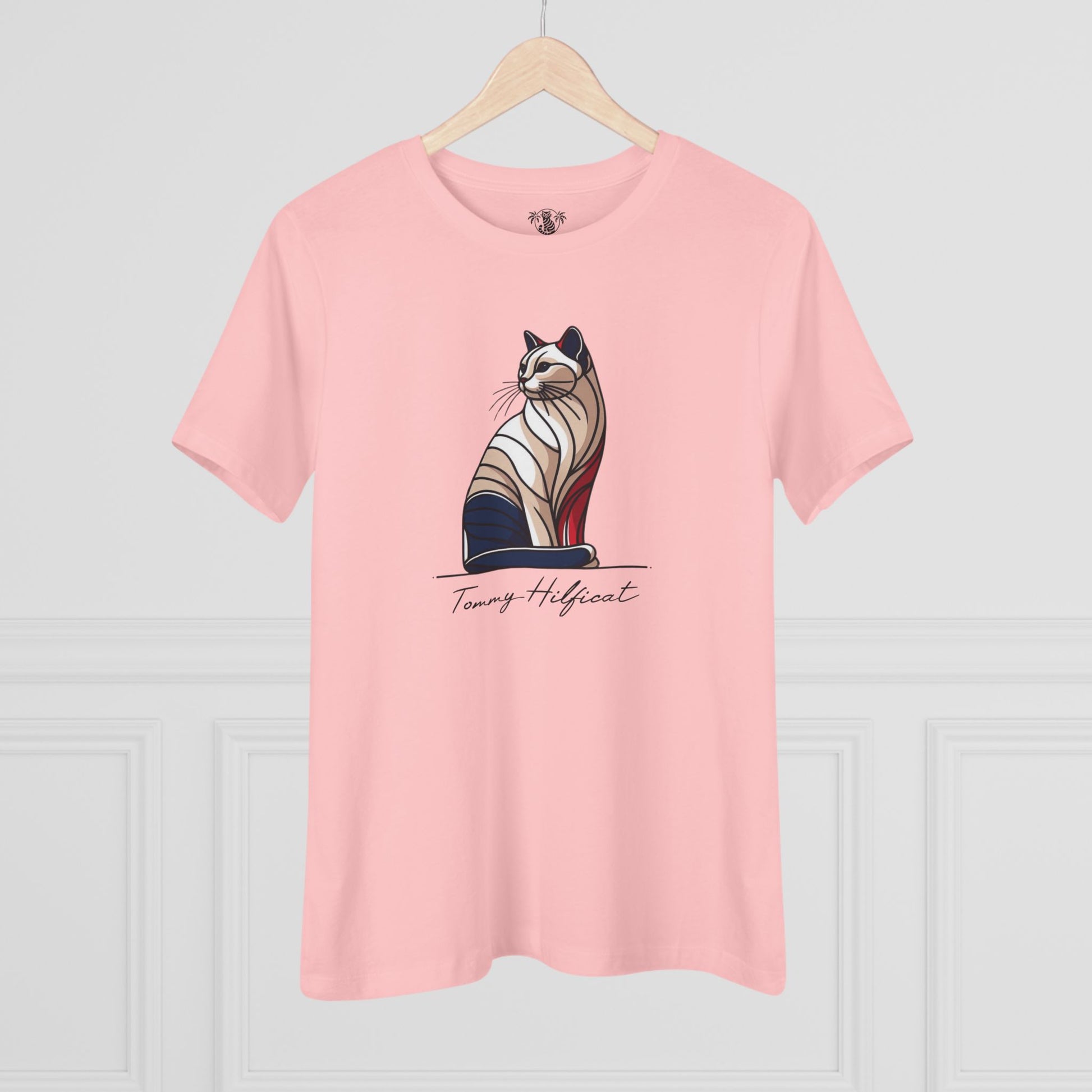 Tommy Hilficat Sitting Icon T Shirt on hanger in Pink, cat themed clothing