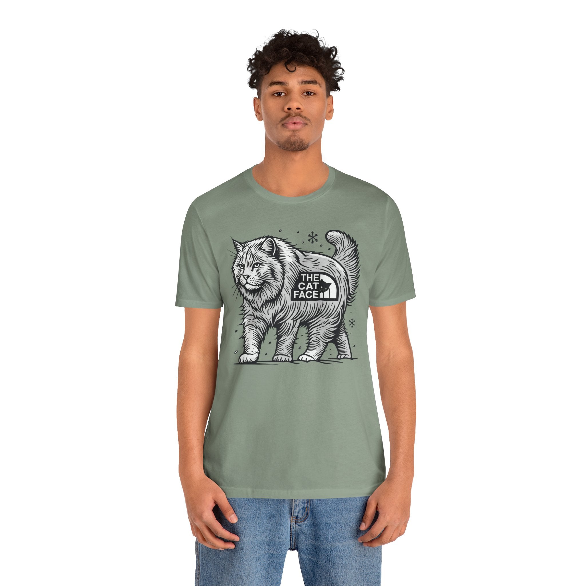 Male model wearing sage green Alpine Explorer cat t shirt – mens cat tee casual wear