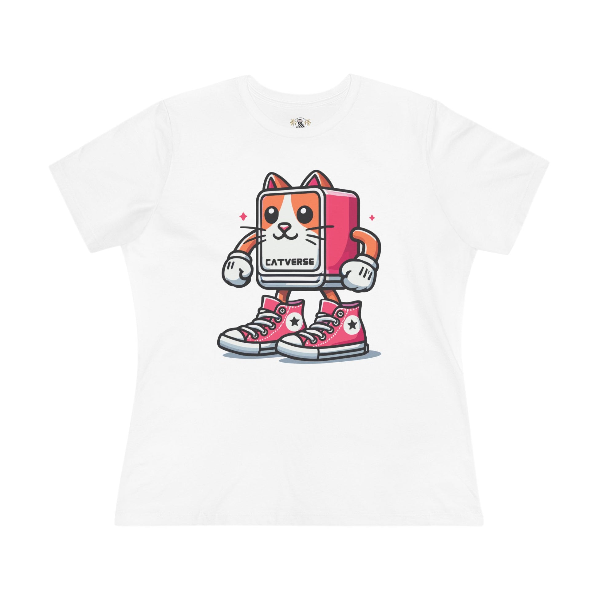 Catverse Pinkbot women’s white t-shirt, playful robot cat graphic; tee shirts with cats, presents for cat lovers
