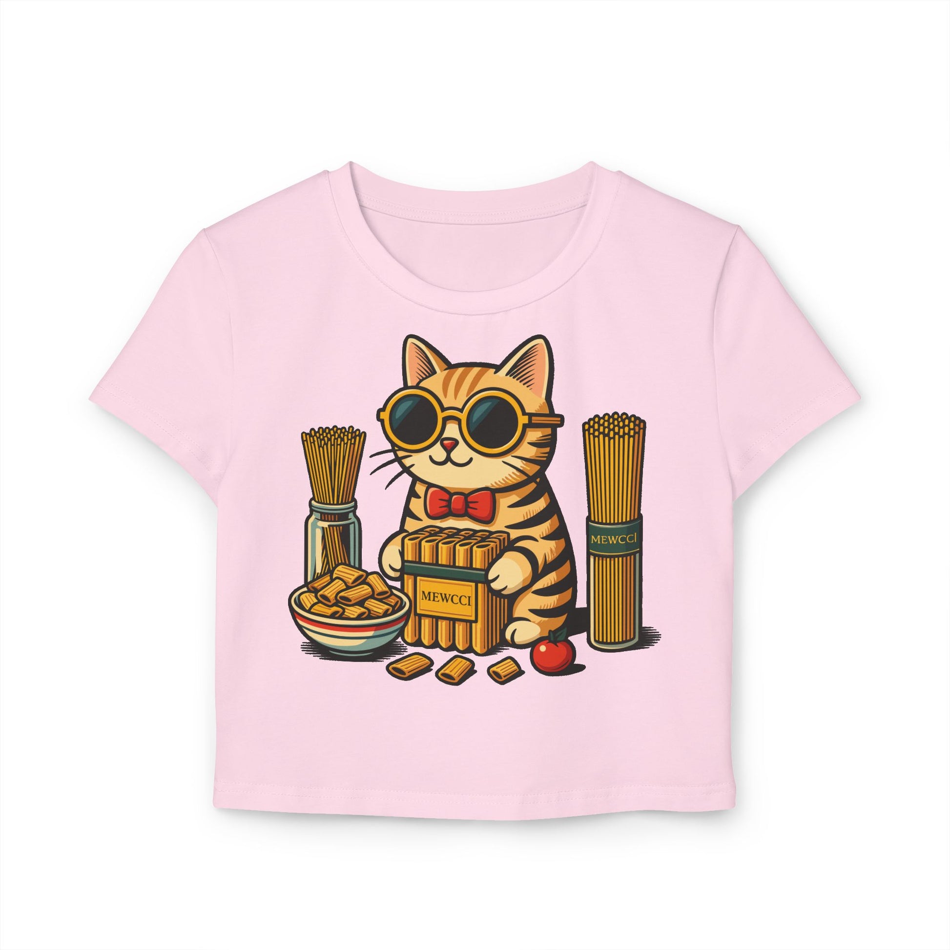 Mewcci Pasta Chef Cat Graphic Women's Baby Tee, pink baby tee front view
