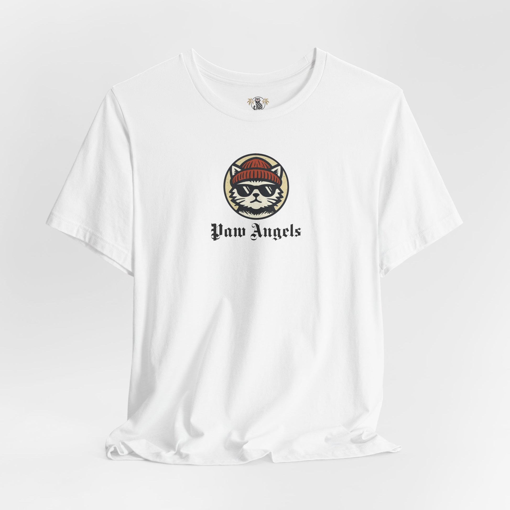 White Paw Angels Born to Fly street angel cat t shirt, front view – cat lovers stuff