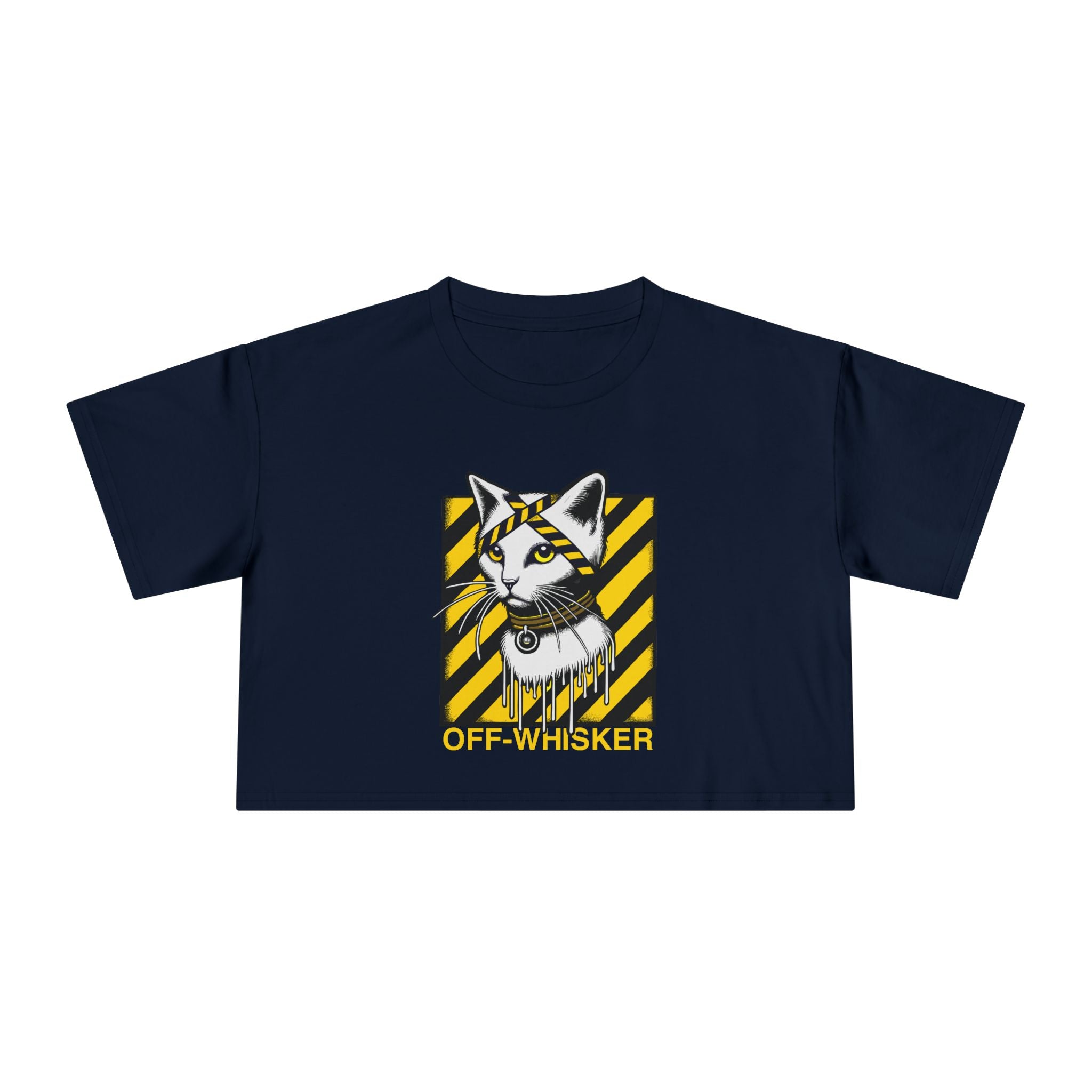 Off-Whisker Industrial Drip Cat Graphic Women's Crop T-Shirt, navy blue crop top front view