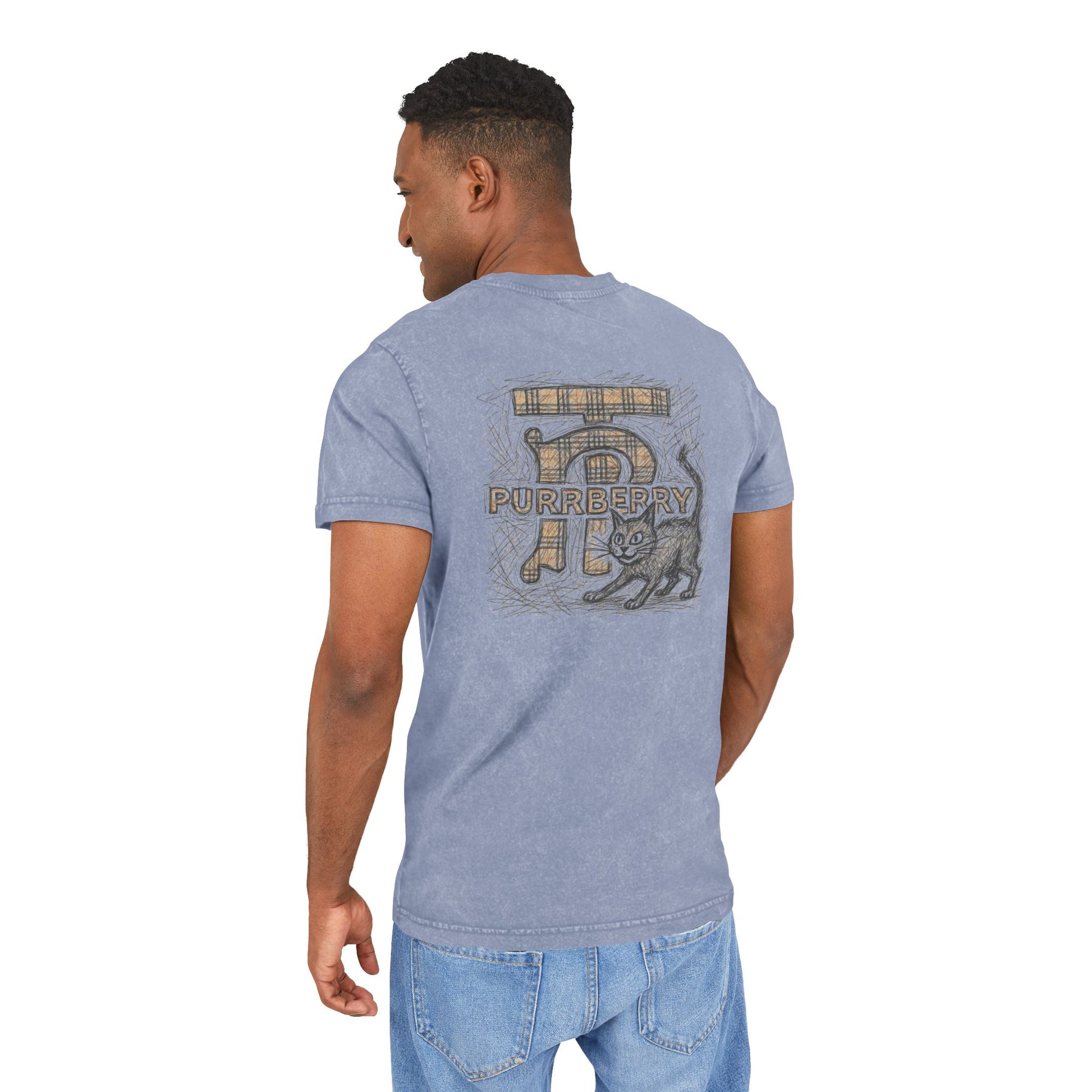 Male model back view wearing Purrberry Heritage Sketch Logo Vintage Blue Acid Washed Cat Graphic T Shirt, cat lover t shirts