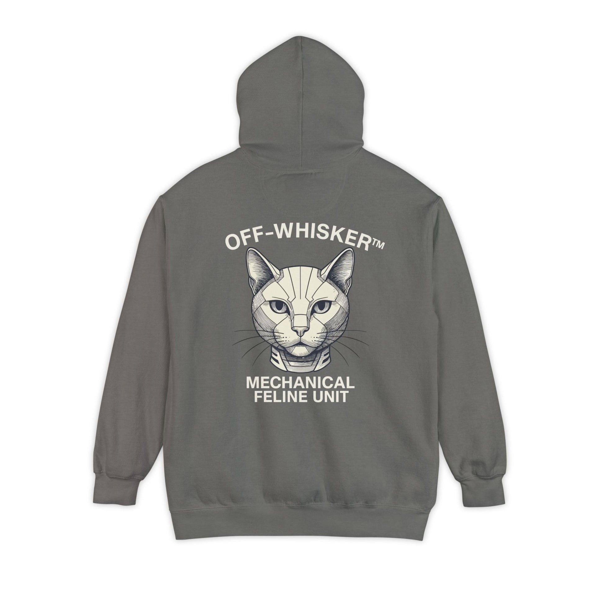 Back view of Off-Whisker grey hoodie with mechanical feline design, cat lover hoodie