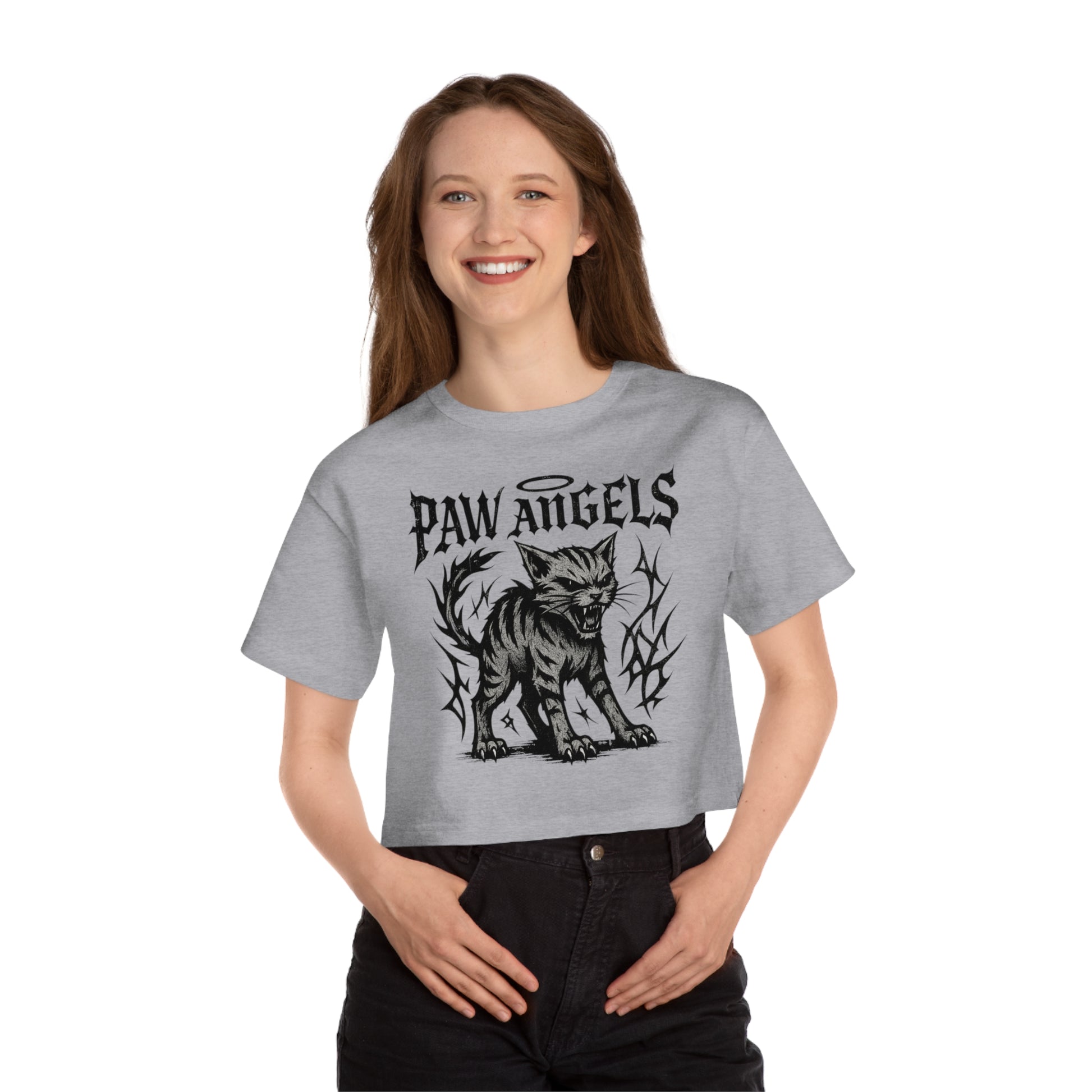 Paw Angels x Champion hellcat cropped t shirt on female model, cat print clothing