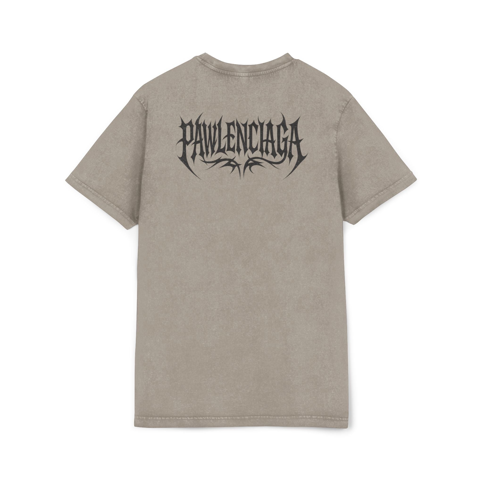 Pawlenciaga apocalypse cat khaki acid washed t shirt back view, cat clothes for humans