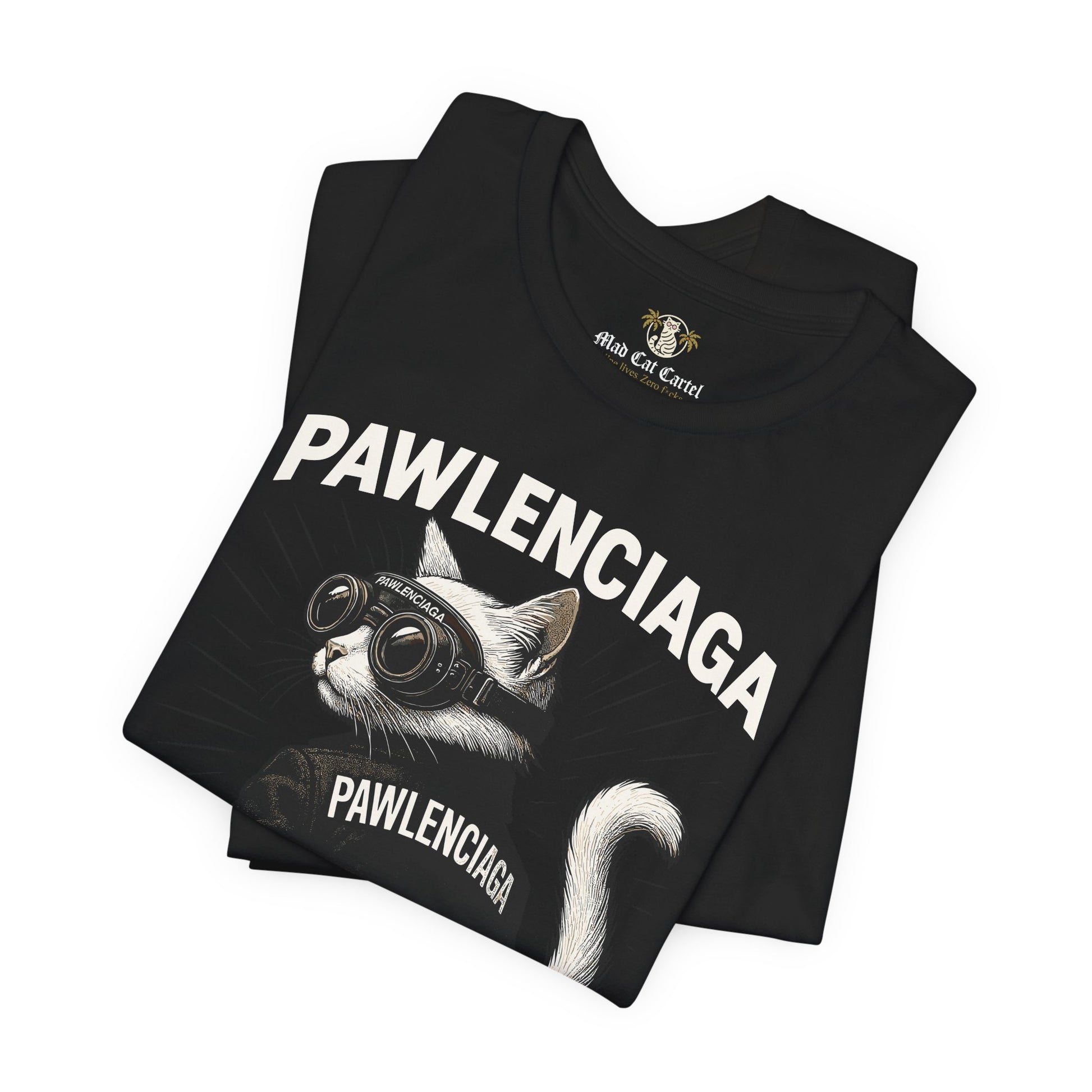Pawlenciaga Cat Graphic T Shirt, black, tee shirts with cats, folded stack detail