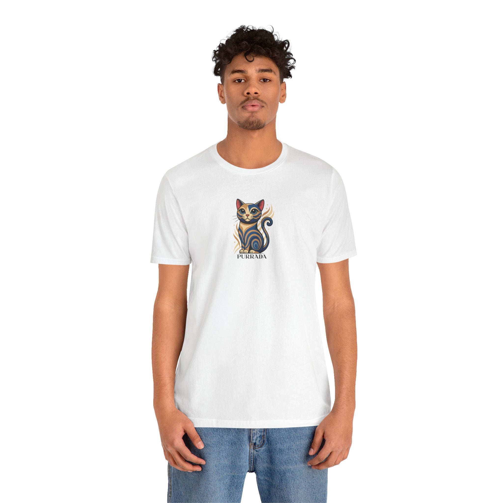 model wearing white cat graphic tee, gift for cat lovers, unisex fit