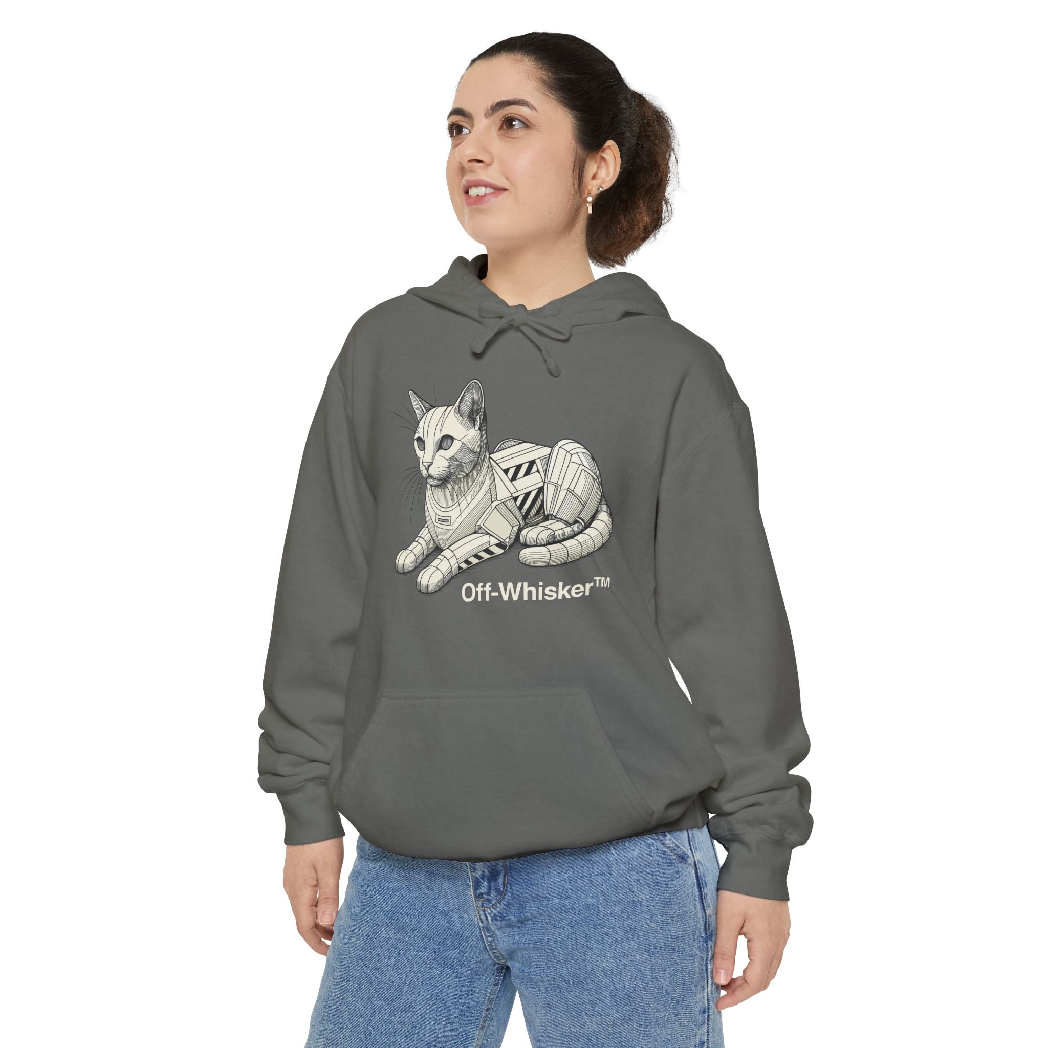 Woman modeling Off-Whisker grey cat hoodie indoors, cat themed clothes