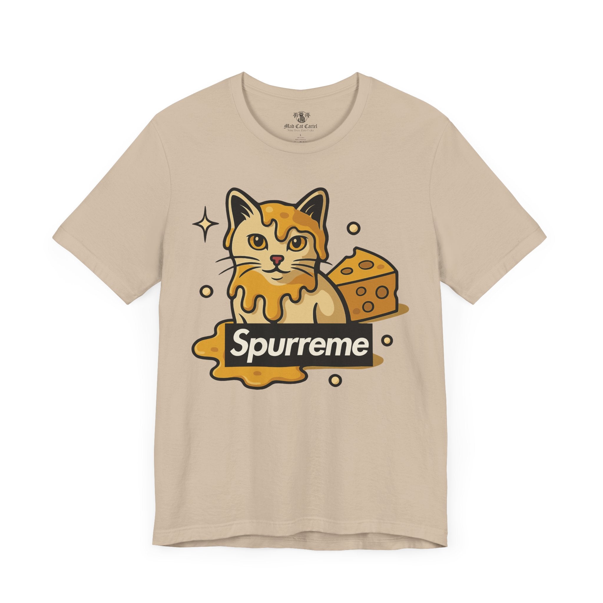 Tan t shirt front view Spurreme Cheddar Cat Drip Graphic
