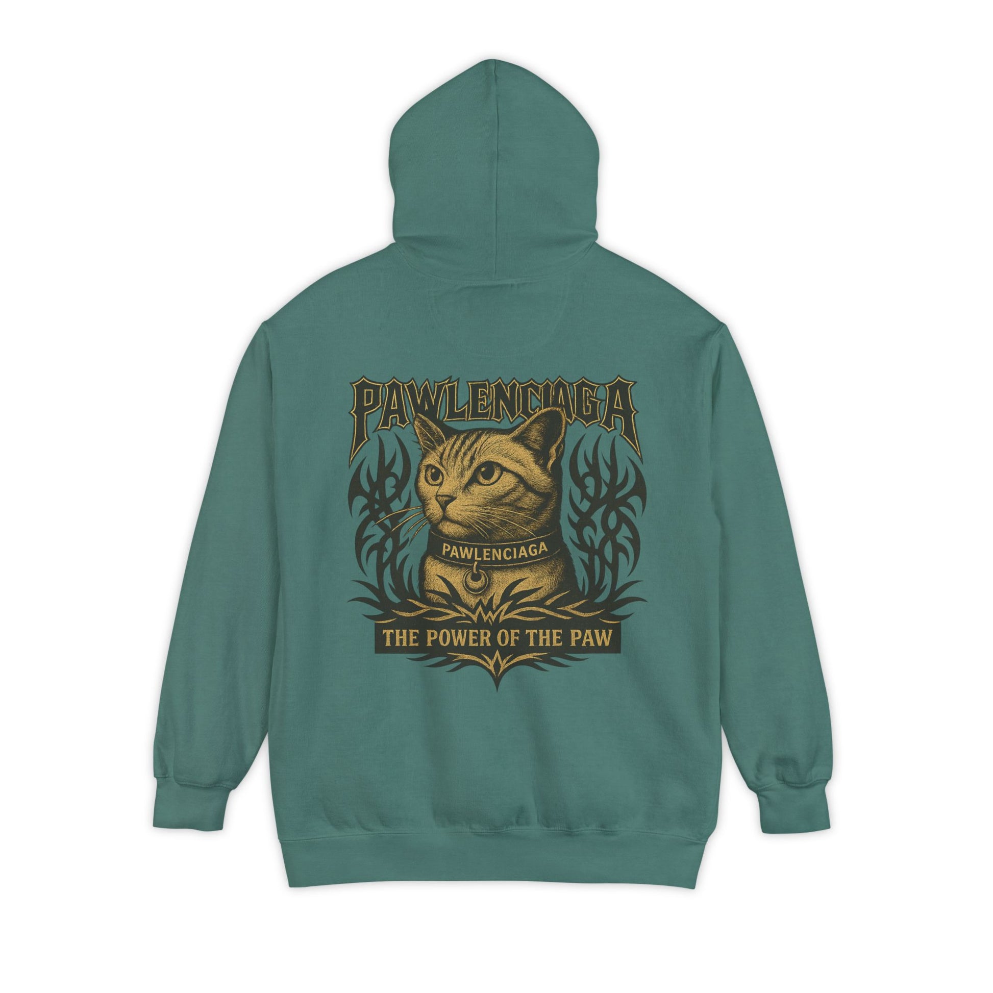 Back view of Pawlenciaga Light Green Cat Hoodie, cat lover hoodie