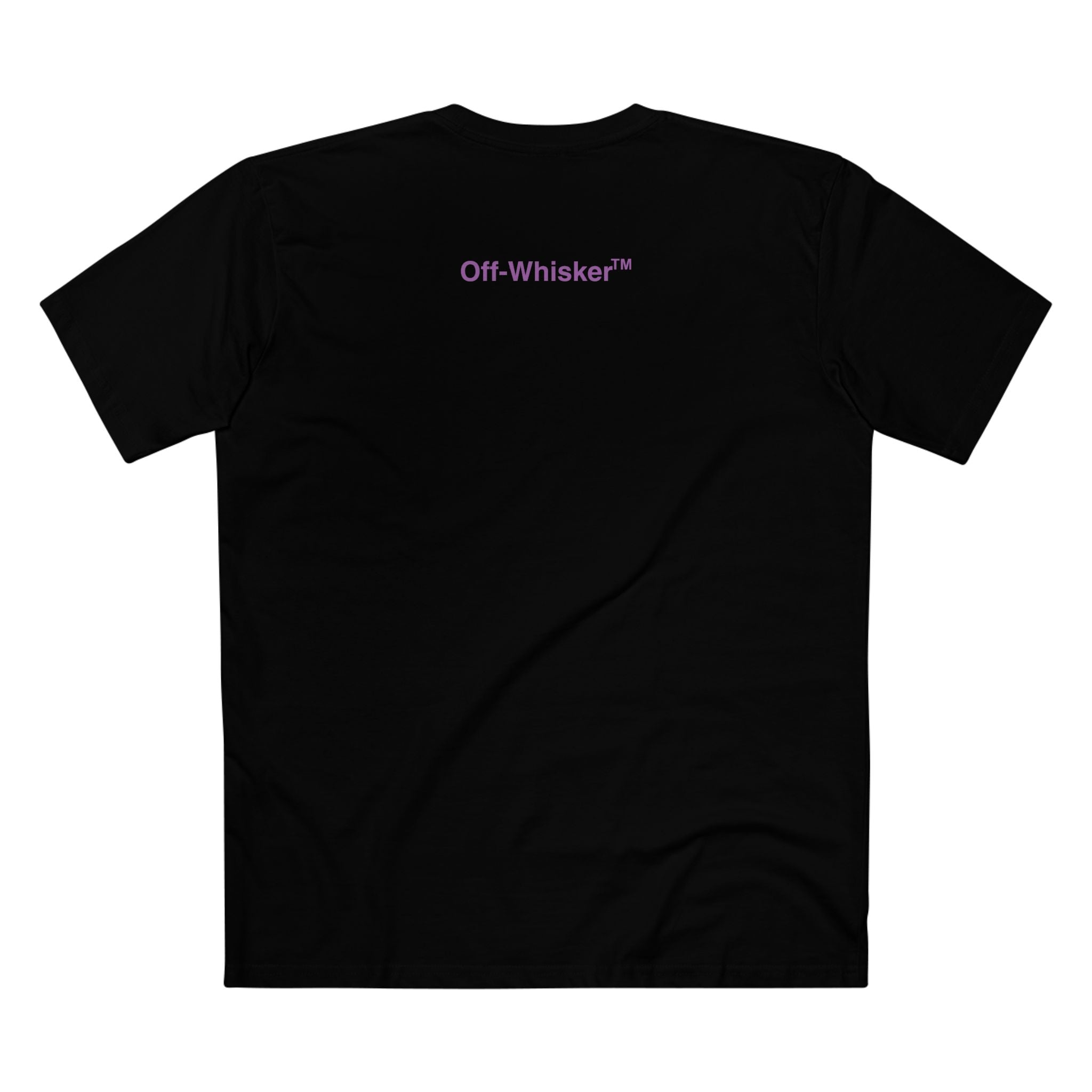 Back view of black Off-Whisker Purple Vision t shirt cat lover – cool cat shirt for casual wear
