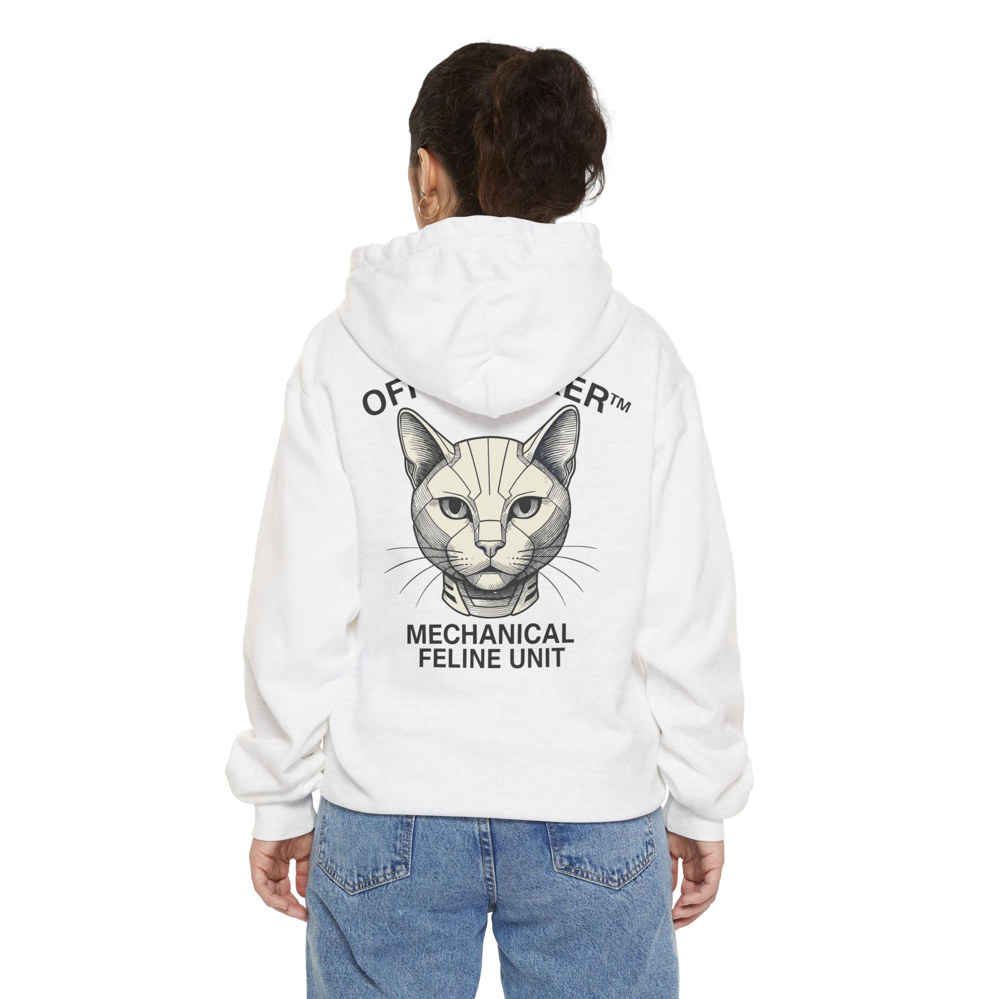 Back view of Off-Whisker mechanical feline white hoodie on female model, cat clothes for humans