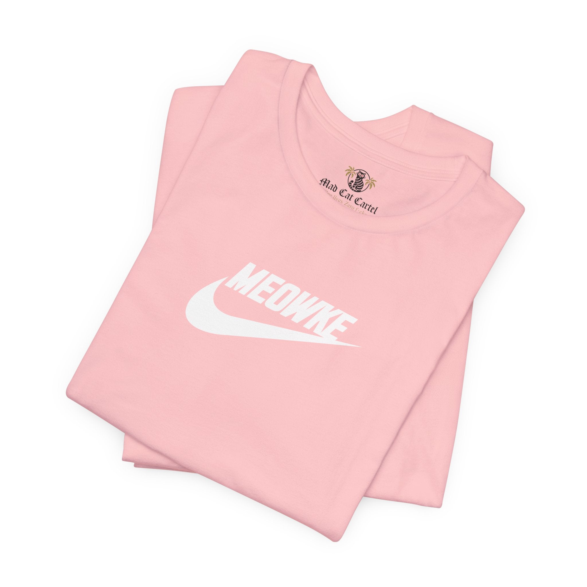 Funny t shirts for women – pink unisex tees folded, white Meowke chest swoosh logo