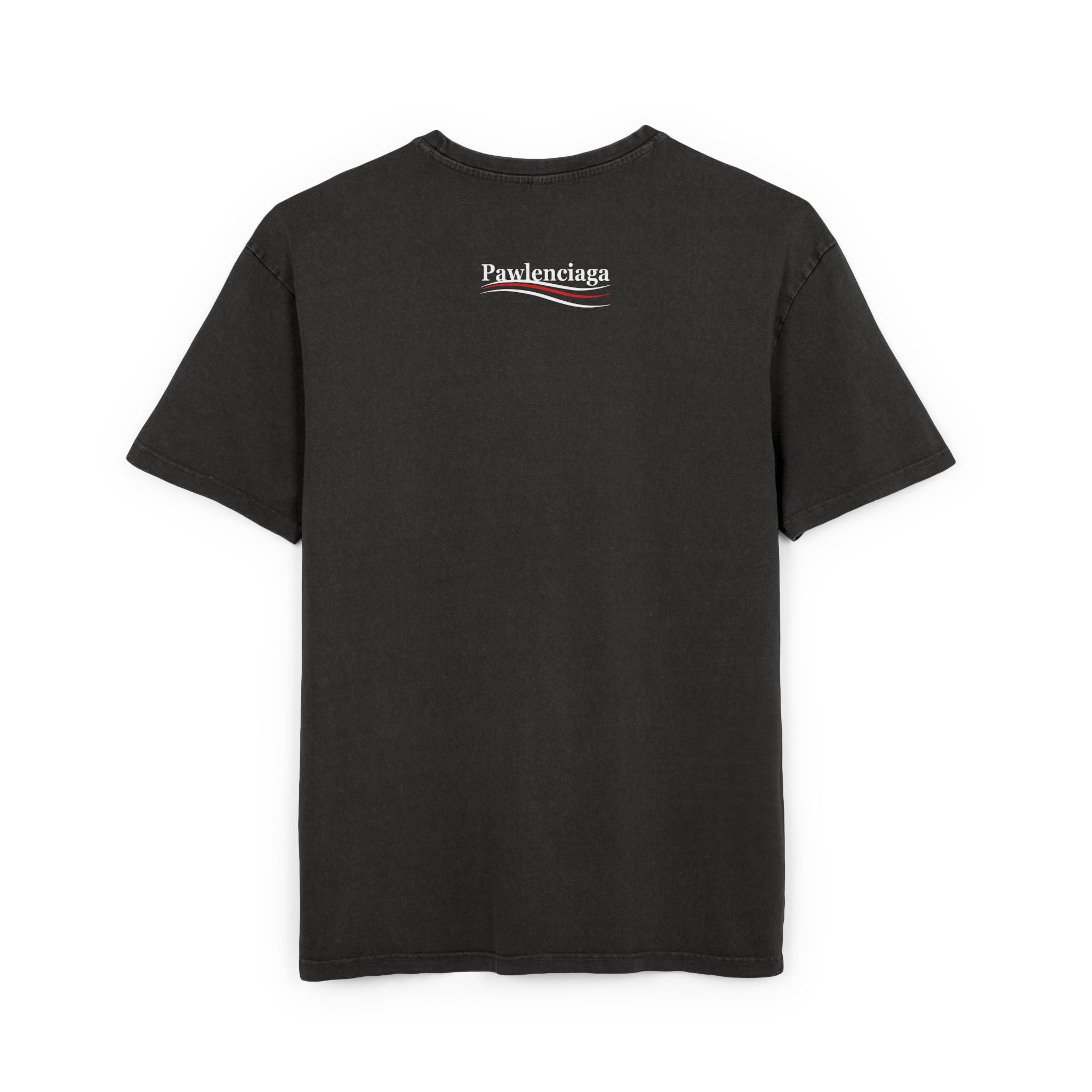 Pawlenciaga logo acid washed men's oversized t shirt parody shirts funny mens t shirts oversized graphic t shirt unique gifts for cat lovers black back view