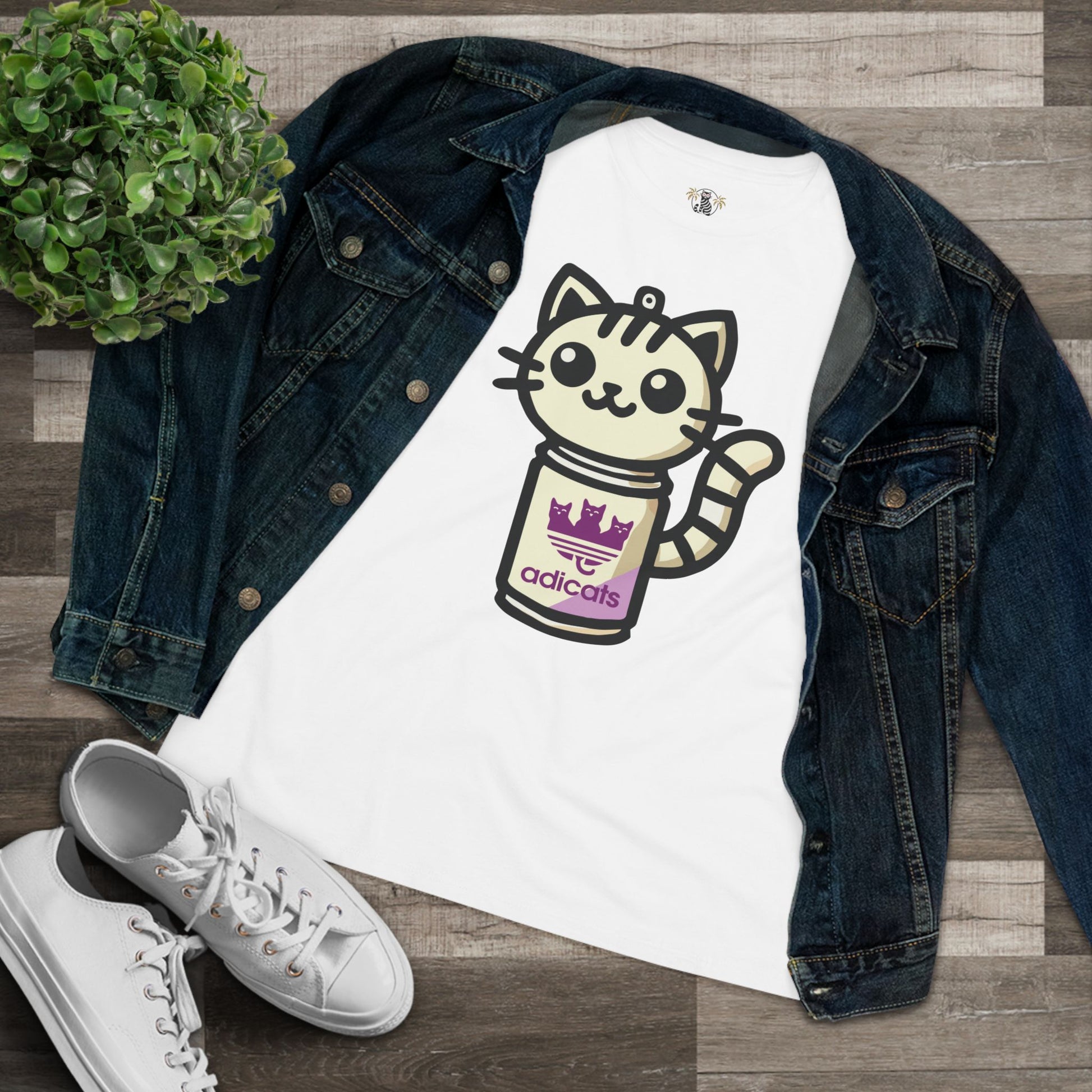 White cat lover shirt flat lay with denim jacket and shoes