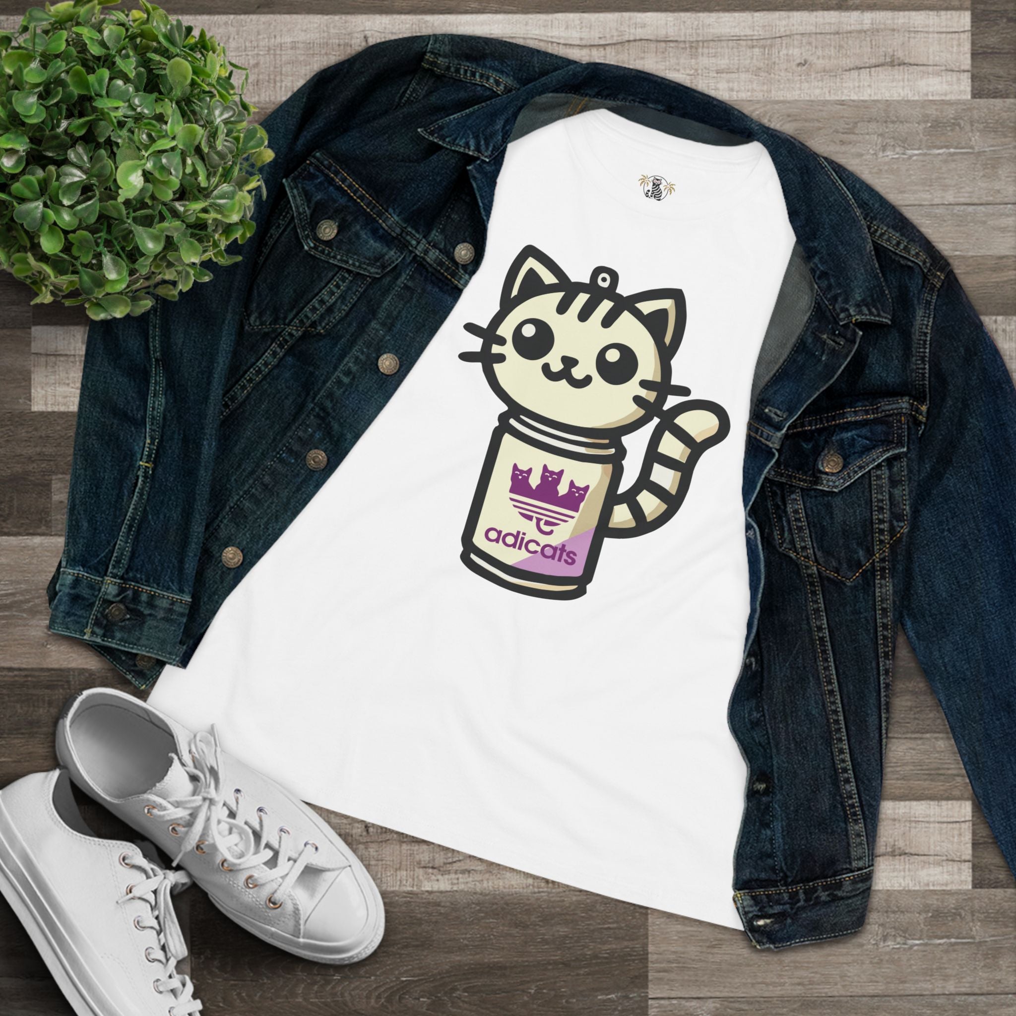 White cat lover shirt flat lay with denim jacket and shoes
