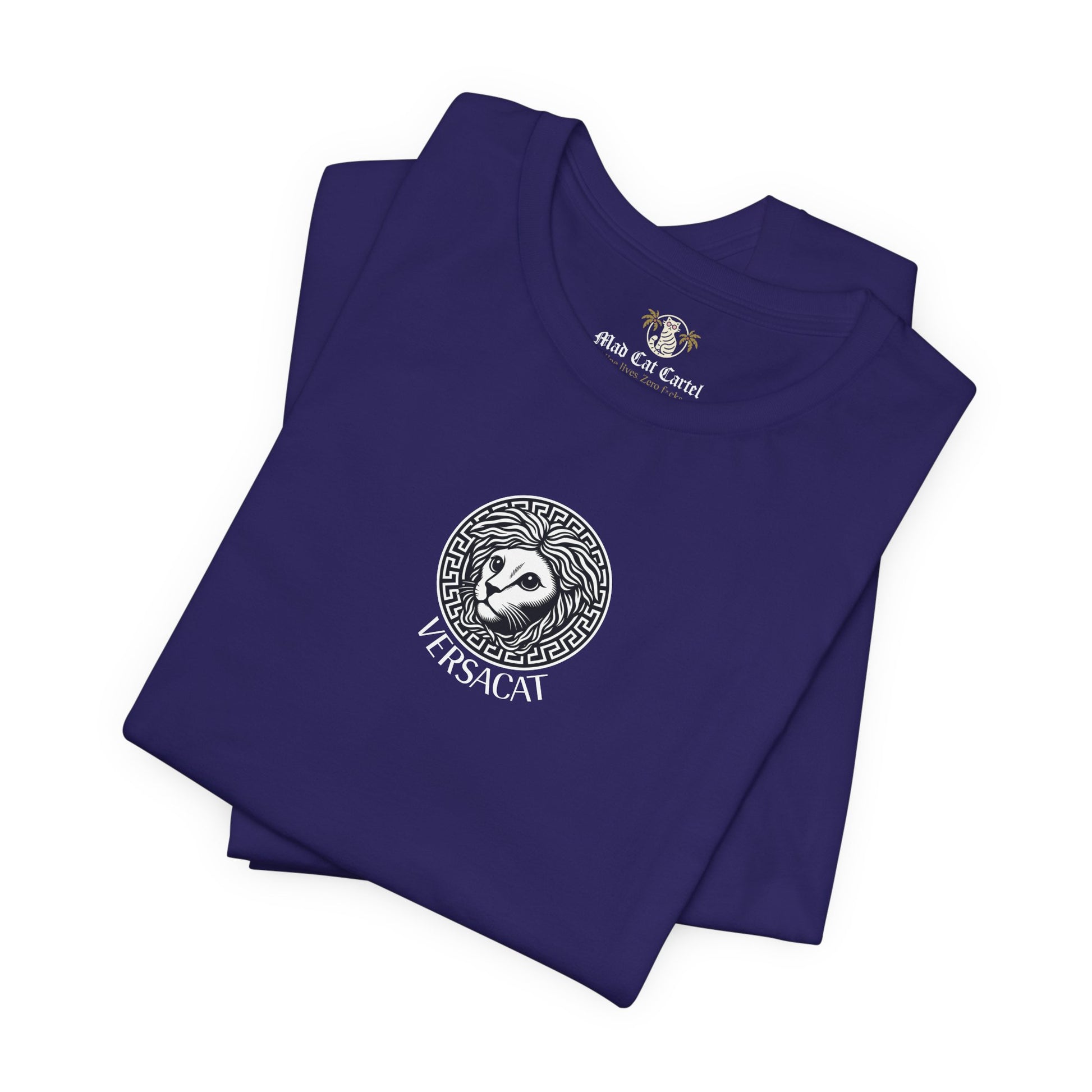 Folded team navy Versacat Imperial Emblem cat lover t shirt – unisex cool cat shirt for casual wear