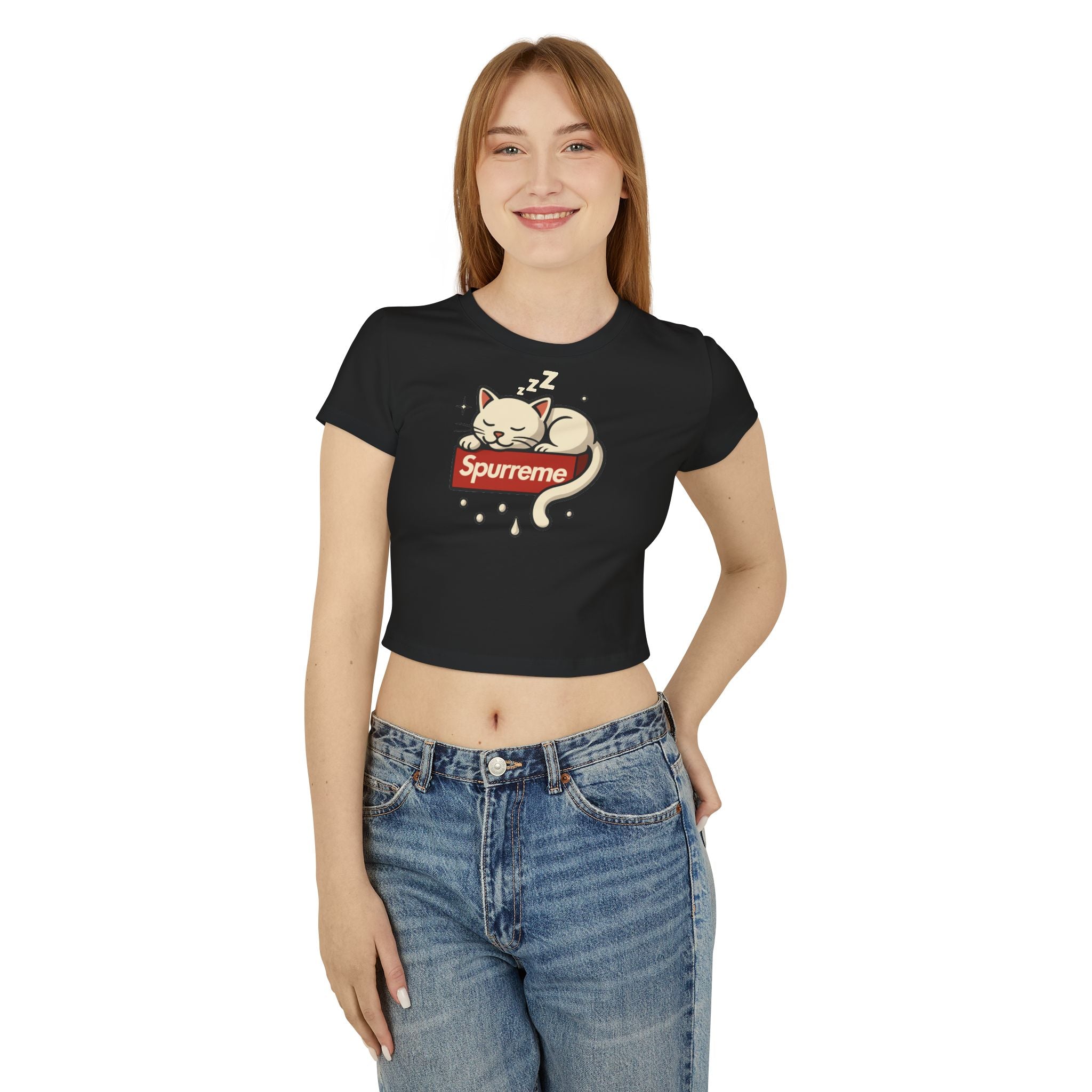 female model wearing black Spurreme baby tee, casual graphic crop top outfit