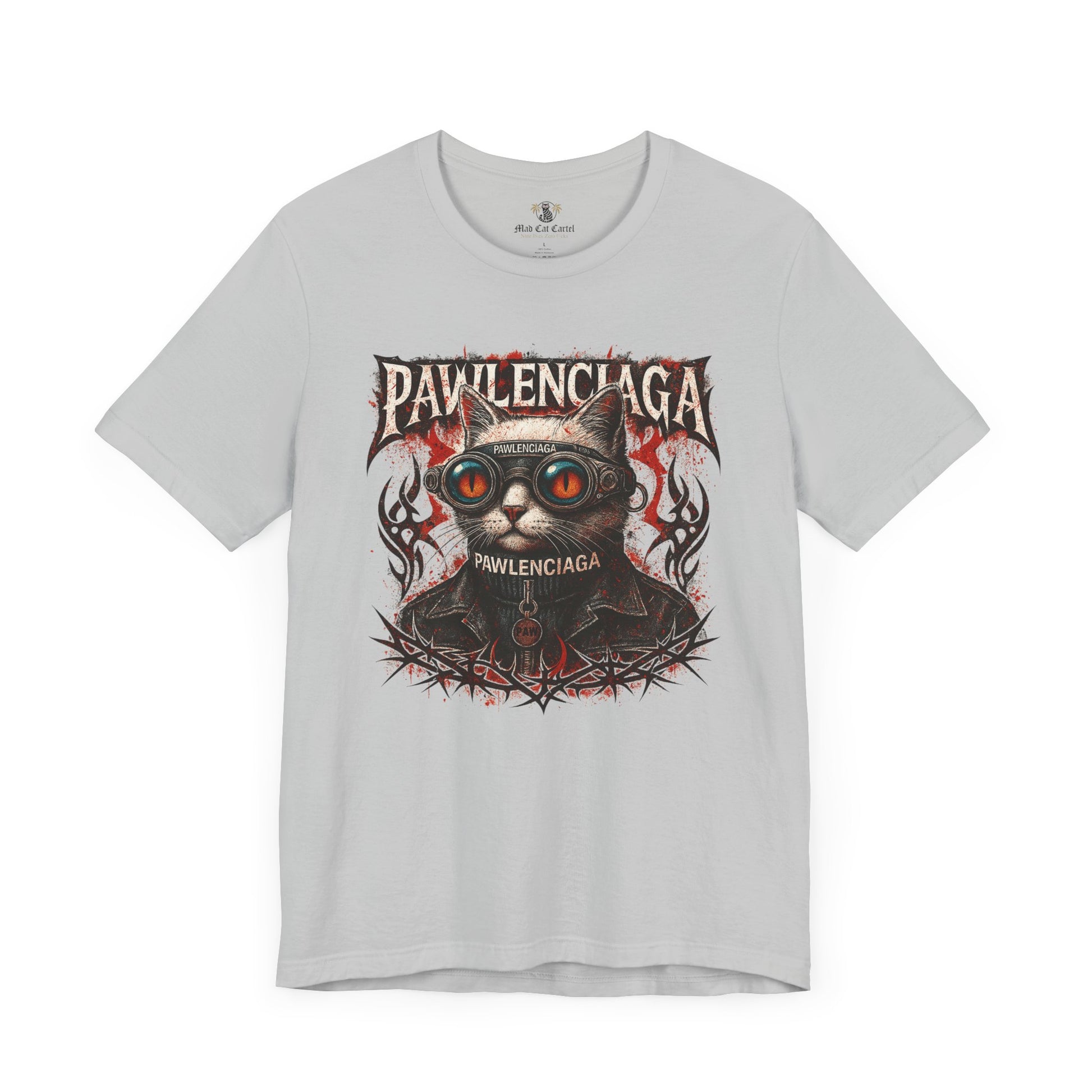 Pawlenciaga Apocalypse Cat Graphic T Shirt in Solid Athletic Grey, flat lay front view, cat themed shirts, cool mens t shirts, shirts for cat lovers