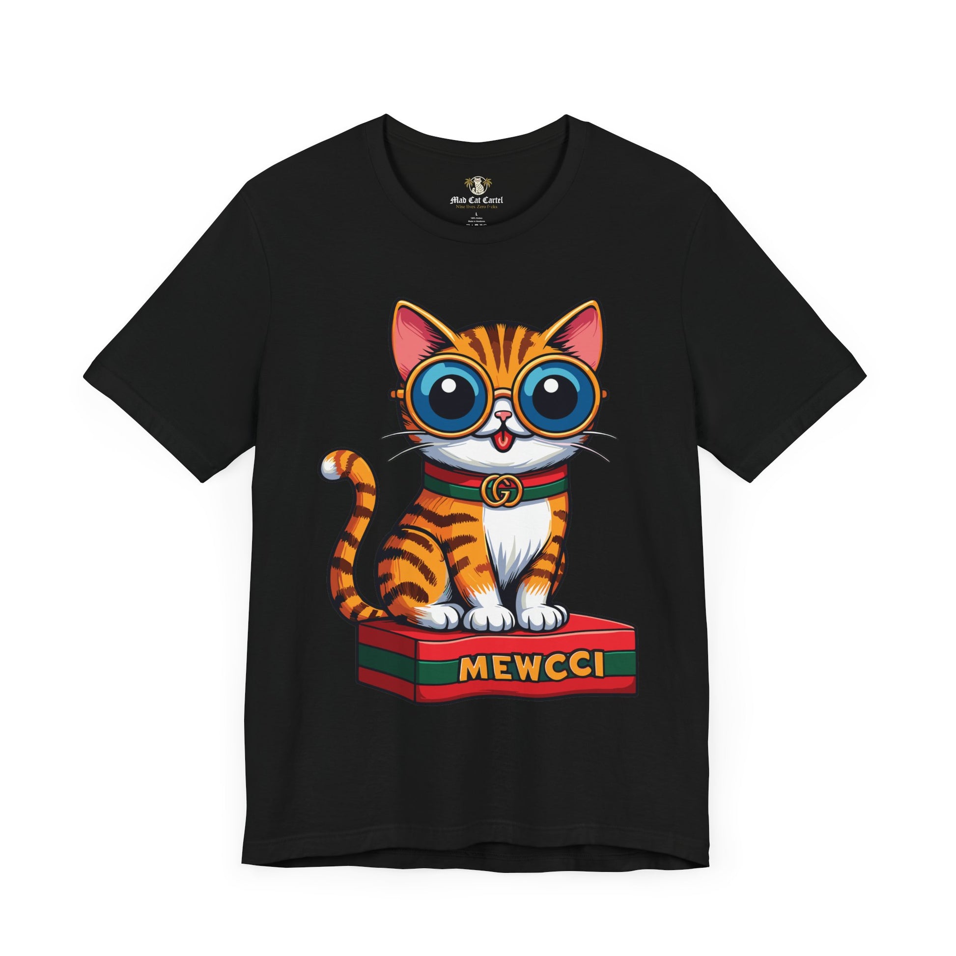 Black Mewcci Iconic Box Cat Graphic T-Shirt front view – cool gifts cat lovers