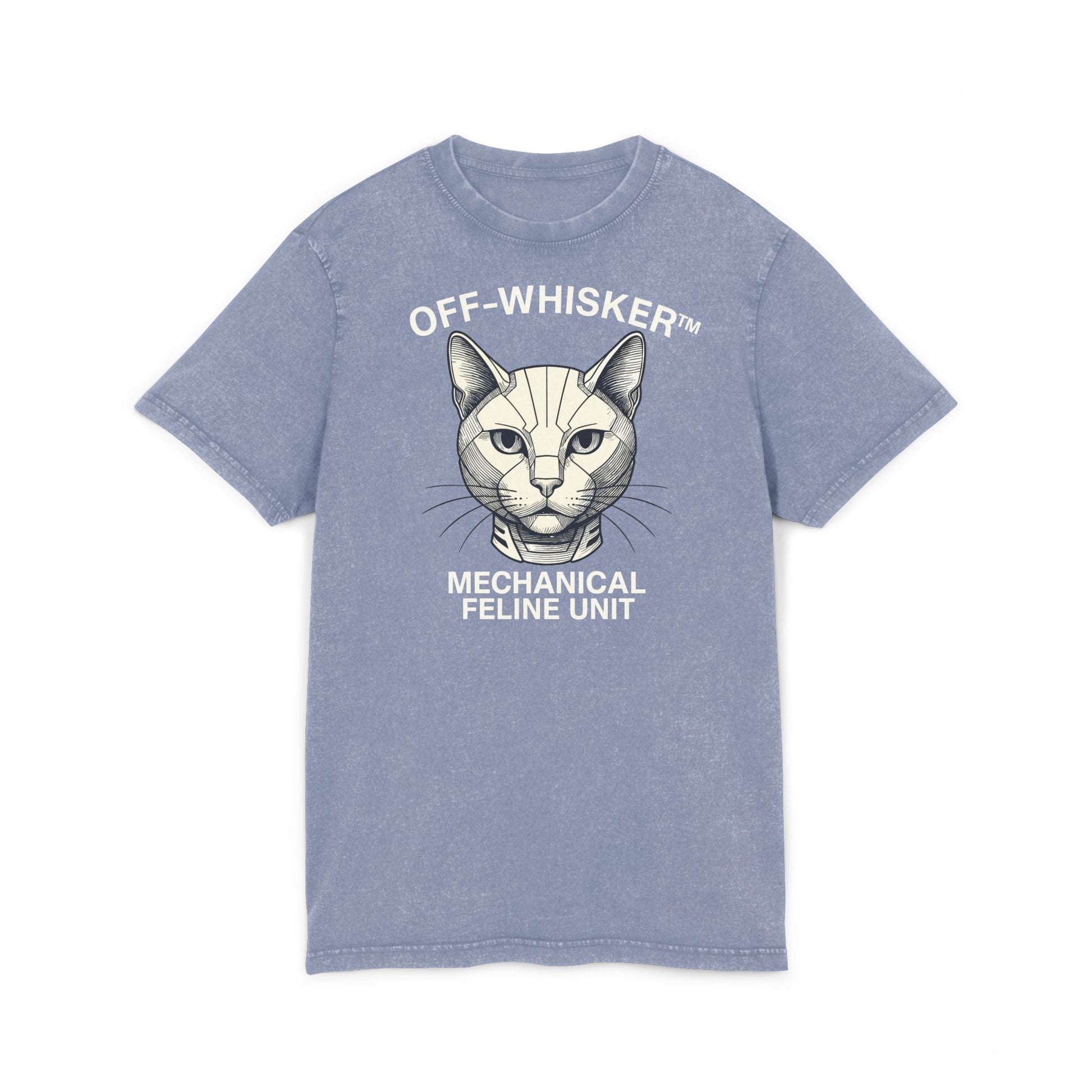 Off-Whisker Mechanical Feline Unit Cat Graphic Acid Washed T-Shirt, vintage blue unisex front view with cat design