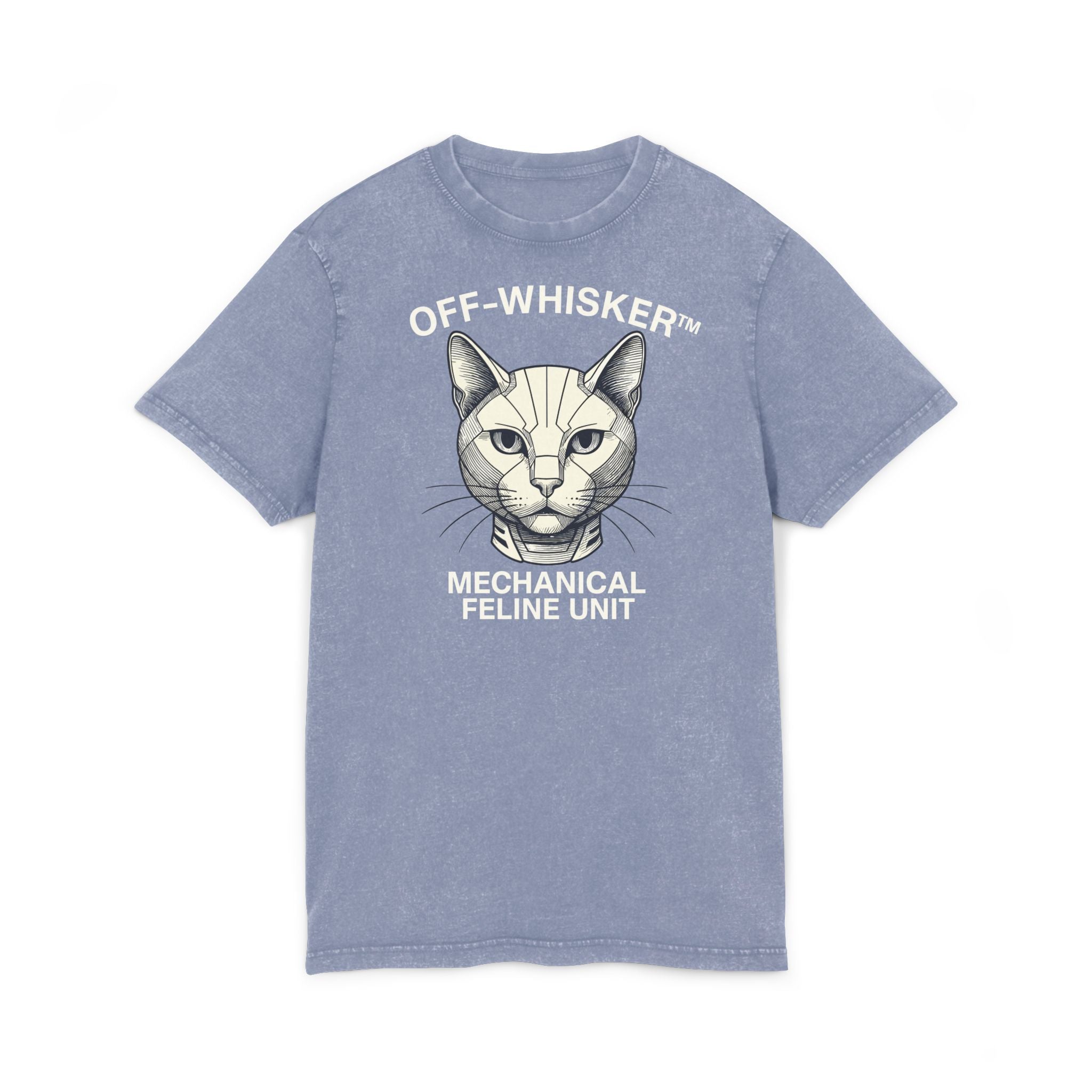 Off-Whisker Mechanical Feline Unit Cat Graphic Acid Washed T-Shirt, vintage blue unisex front view with cat design