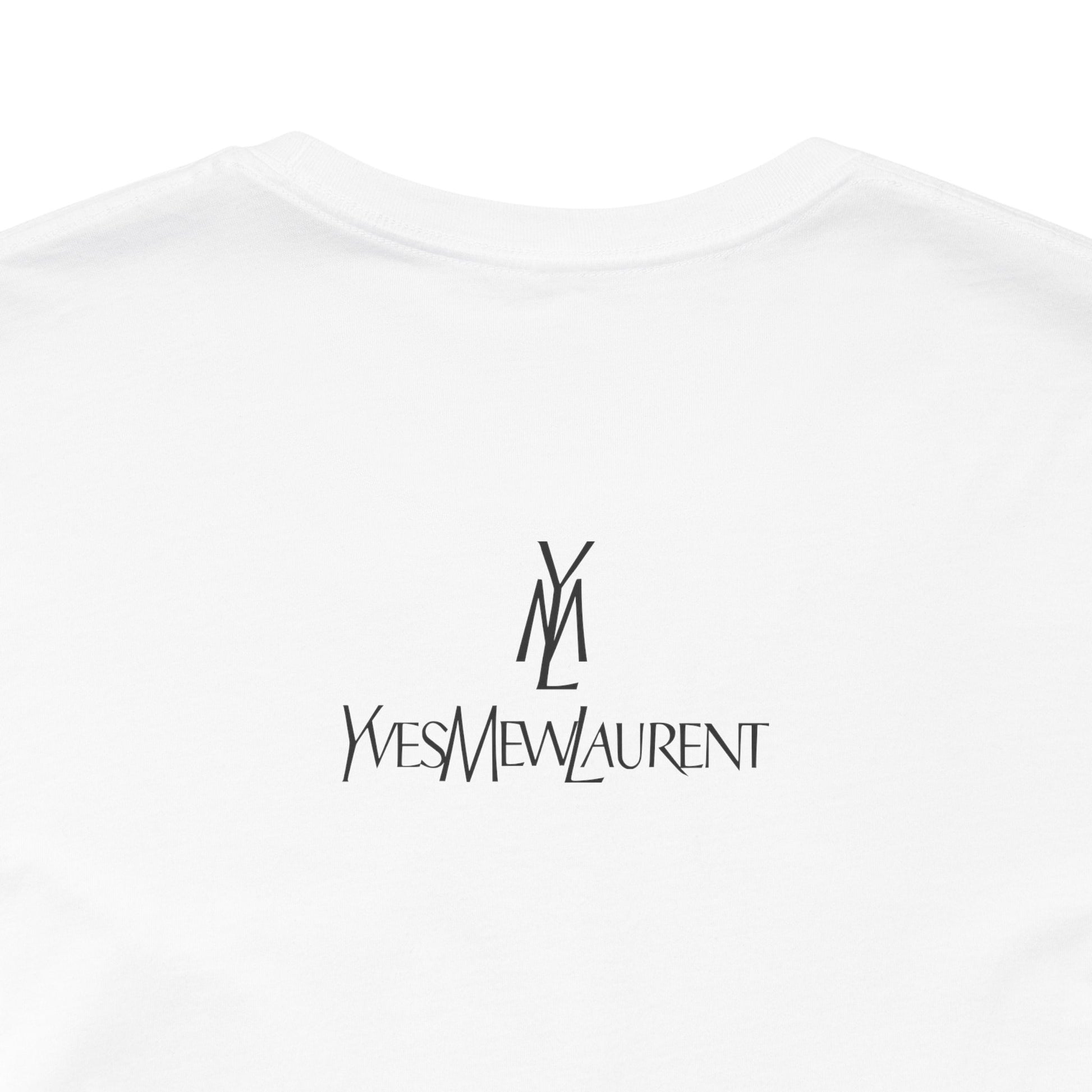 back detail, white cats t shirt, relaxed cut, unisex style, logo close up