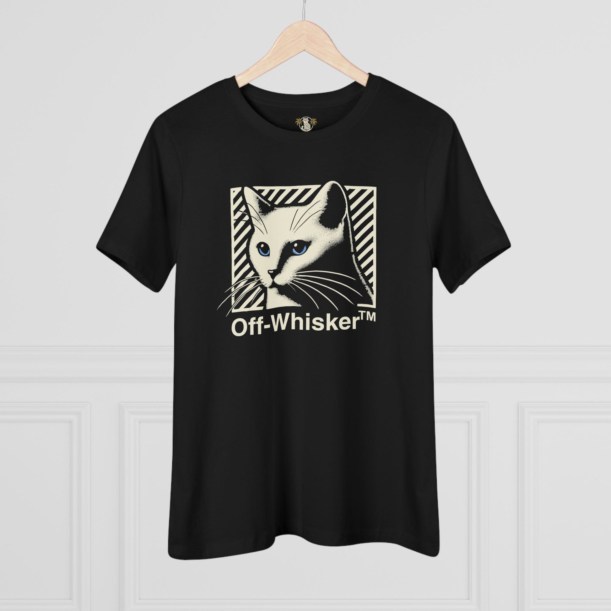 Off-Whisker Blue-Eyed Cat Graphic Women's T Shirt Black, funny cat tee shirts on hanger