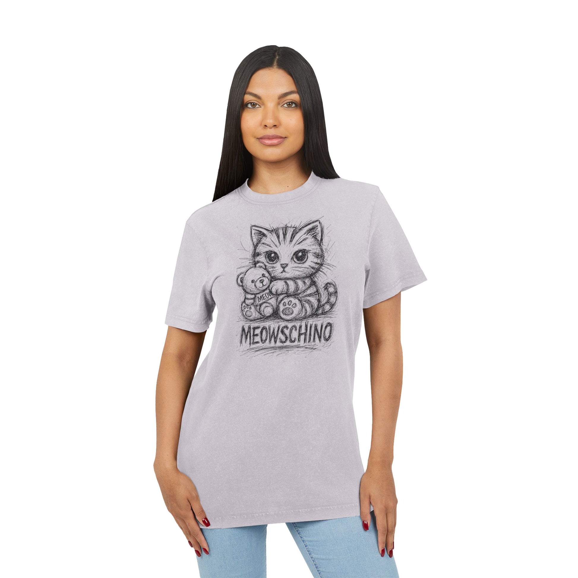 Women's soft lilac purple washed t shirt modeled, washed tee for cat lovers front view