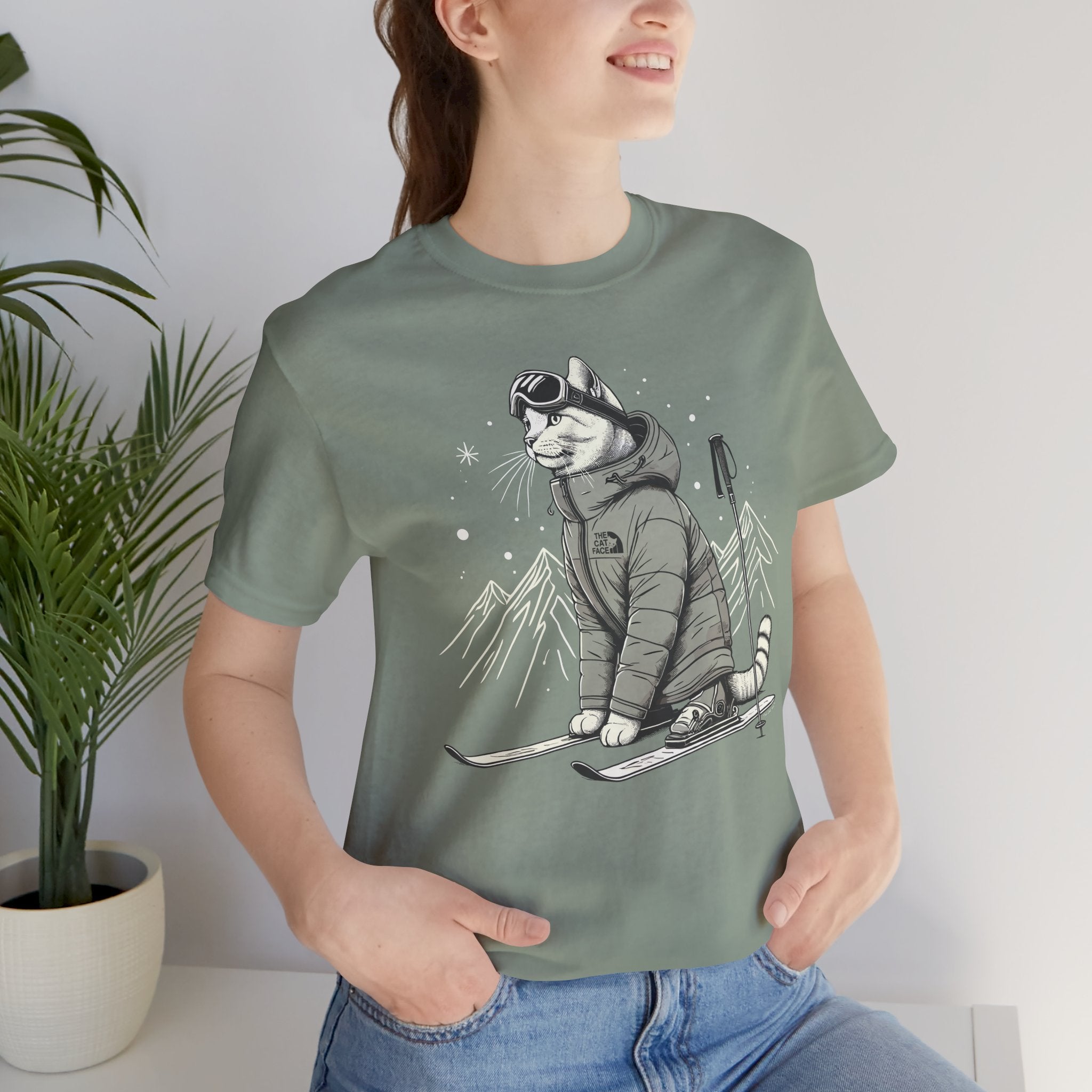 Sage t shirt on female model, cat lover shirt