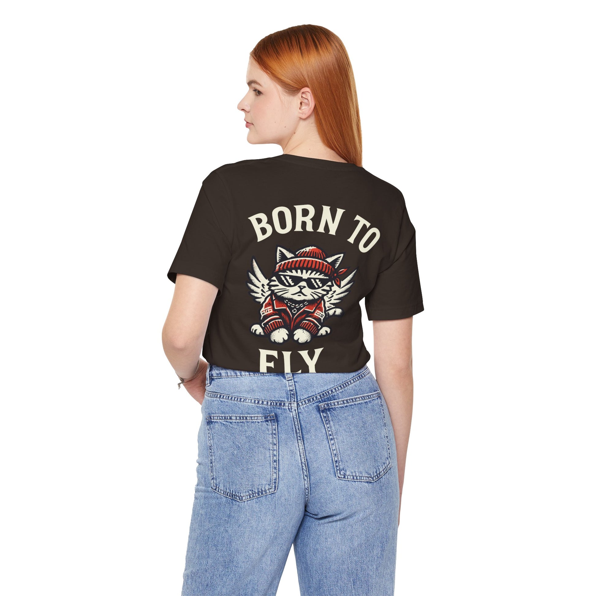 Back view of female model wearing white Paw Angels Born to Fly t shirt – tee shirts with cats