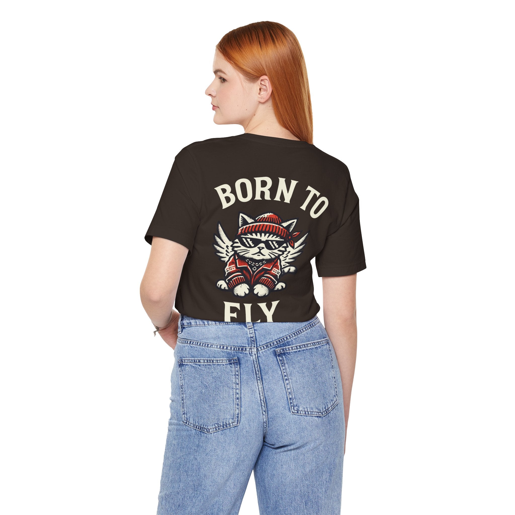 Back view of female model wearing white Paw Angels Born to Fly t shirt – tee shirts with cats
