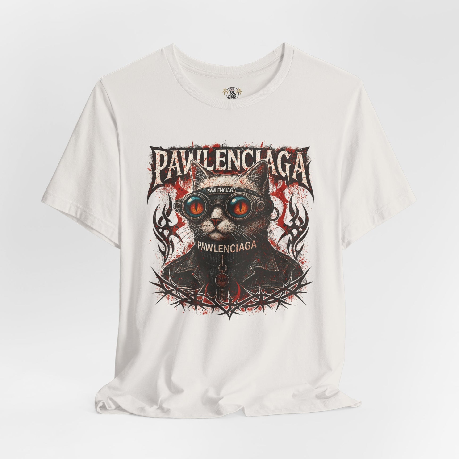Pawlenciaga Apocalypse Cat Graphic T Shirt in Vintage White, styled flat lay front view, cat themed shirts, cool mens t shirts, shirts for cat lovers
